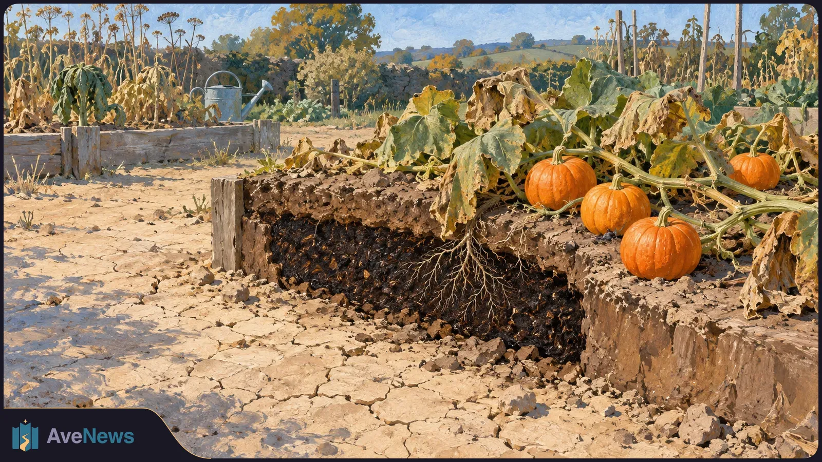 Painted pumpkin patch with small orange pumpkins, wilted vines and exposed roots beside cracked, dry soil; a watering can sits in the background. SI illustration
