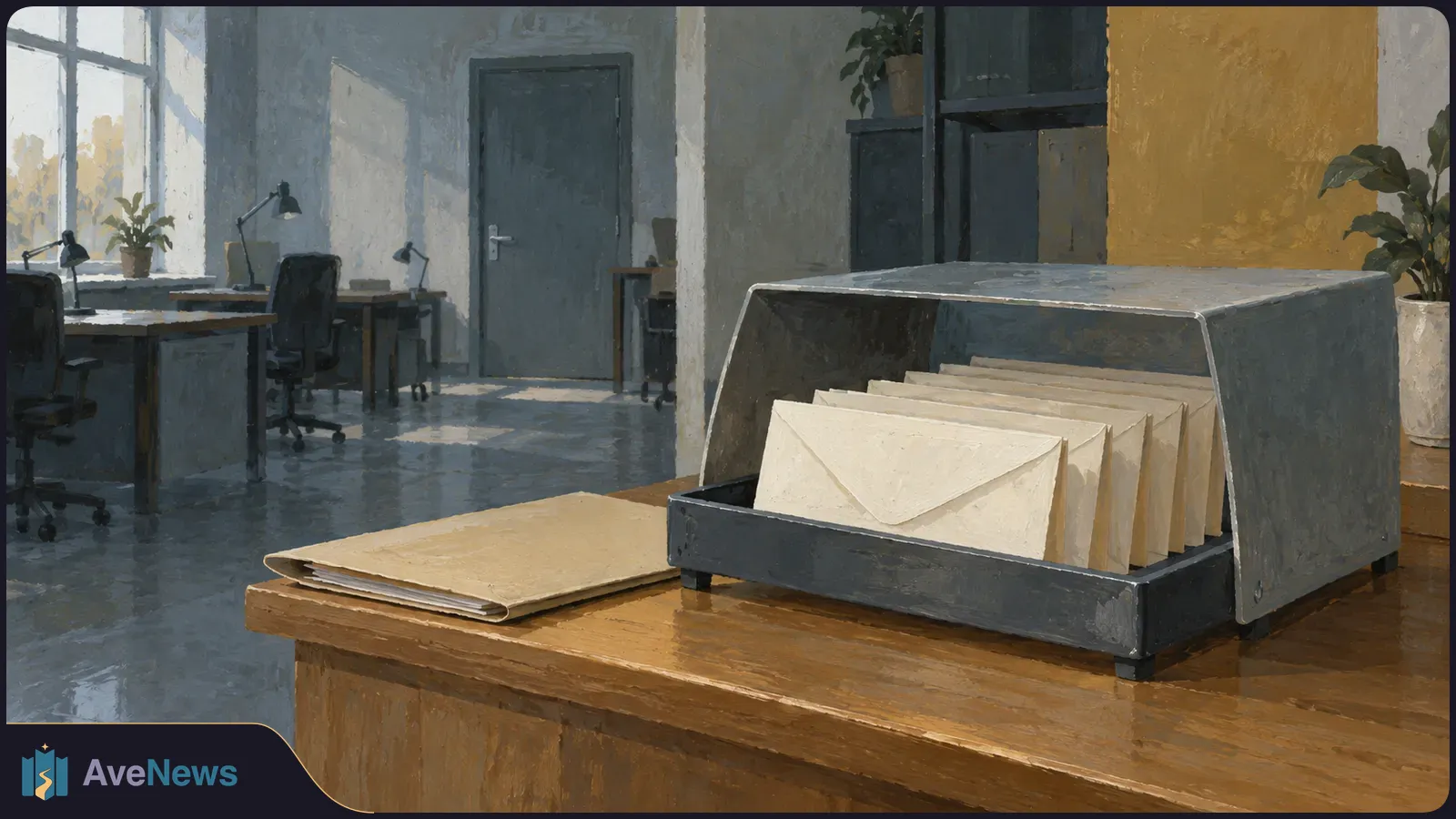 Illustration of an empty office with desks and chairs. Envelopes in a metal file tray and a folder sit on a wooden counter in the foreground. SI illustration