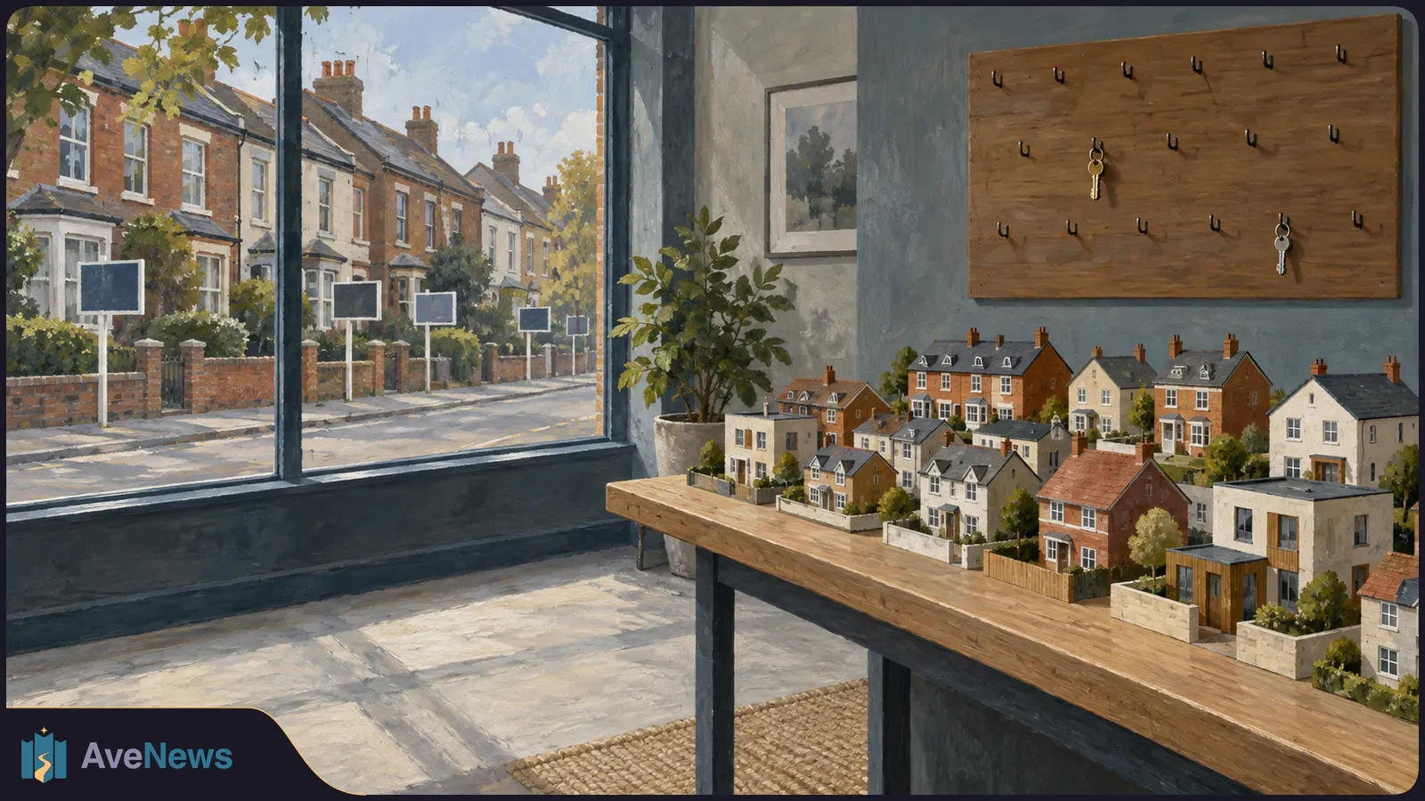 Painted interior with miniature houses on a table and keys on a wall board. Through the window, blank property signs line a street of terraced houses. SI illustration