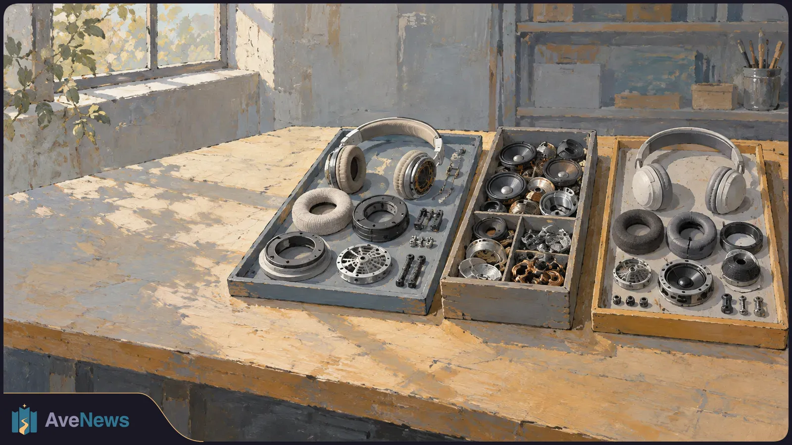 Illustration of two pairs of headphones and loose audio components arranged in three trays on a sunlit worktable. SI illustration