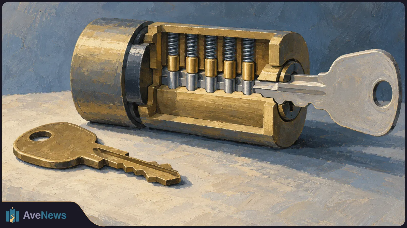 Painted cutaway of a brass lock cylinder showing five springs and pins, with a silver key inserted and a brass key lying in front. SI illustration