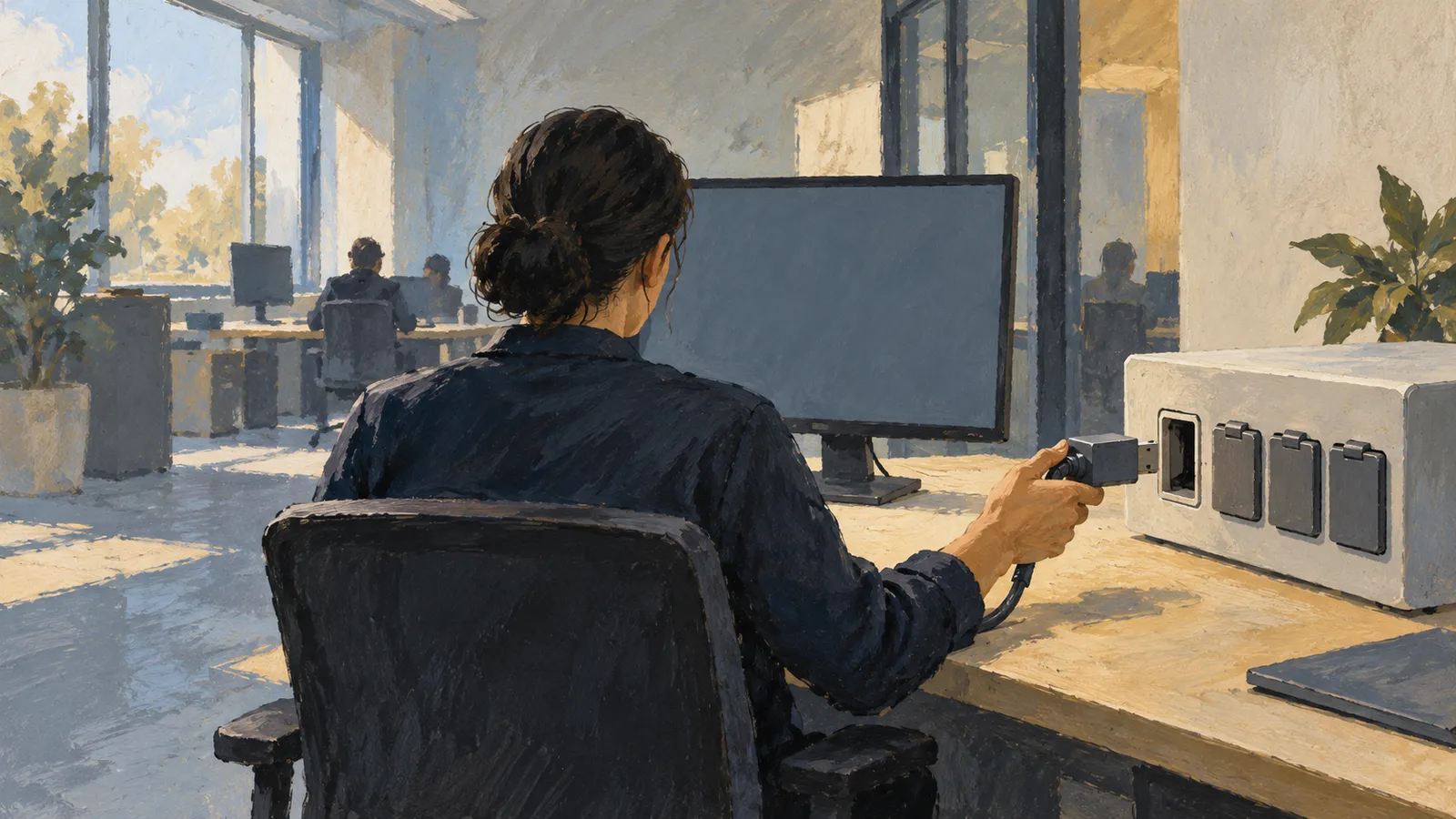 A seated person holds a cable connector near a white box with several ports, beside a blank monitor in a sunlit office. SI illustration