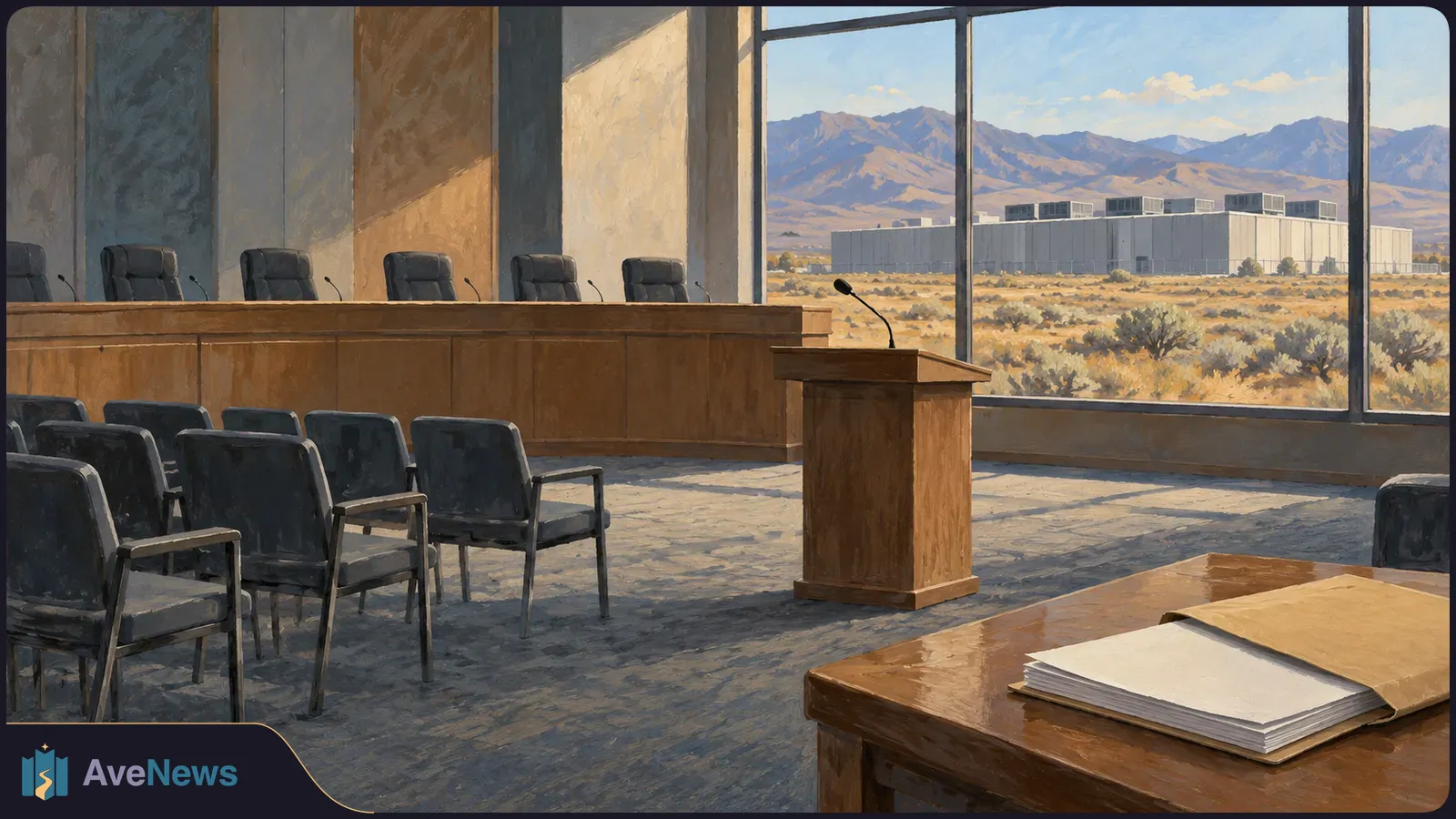 Painted empty hearing room with rows of chairs, a podium and blank papers on a table; a large industrial building stands beyond the windows. SI illustration