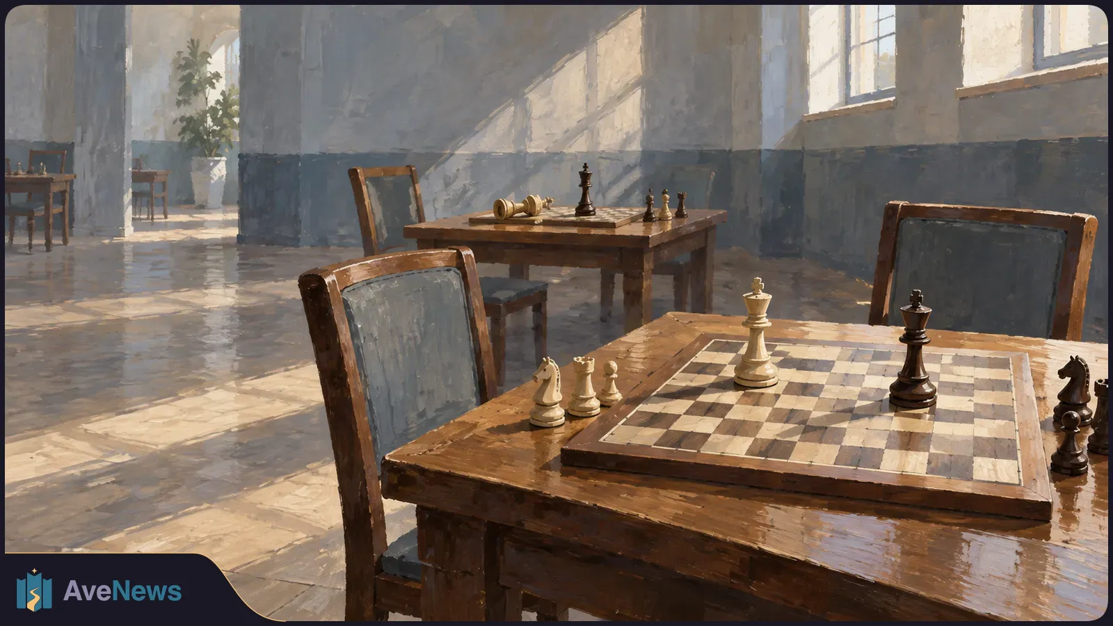 A painted, sunlit room with wooden tables, chairs and chessboards. Chess pieces sit on a board in the foreground and on another table farther back. SI illustration
