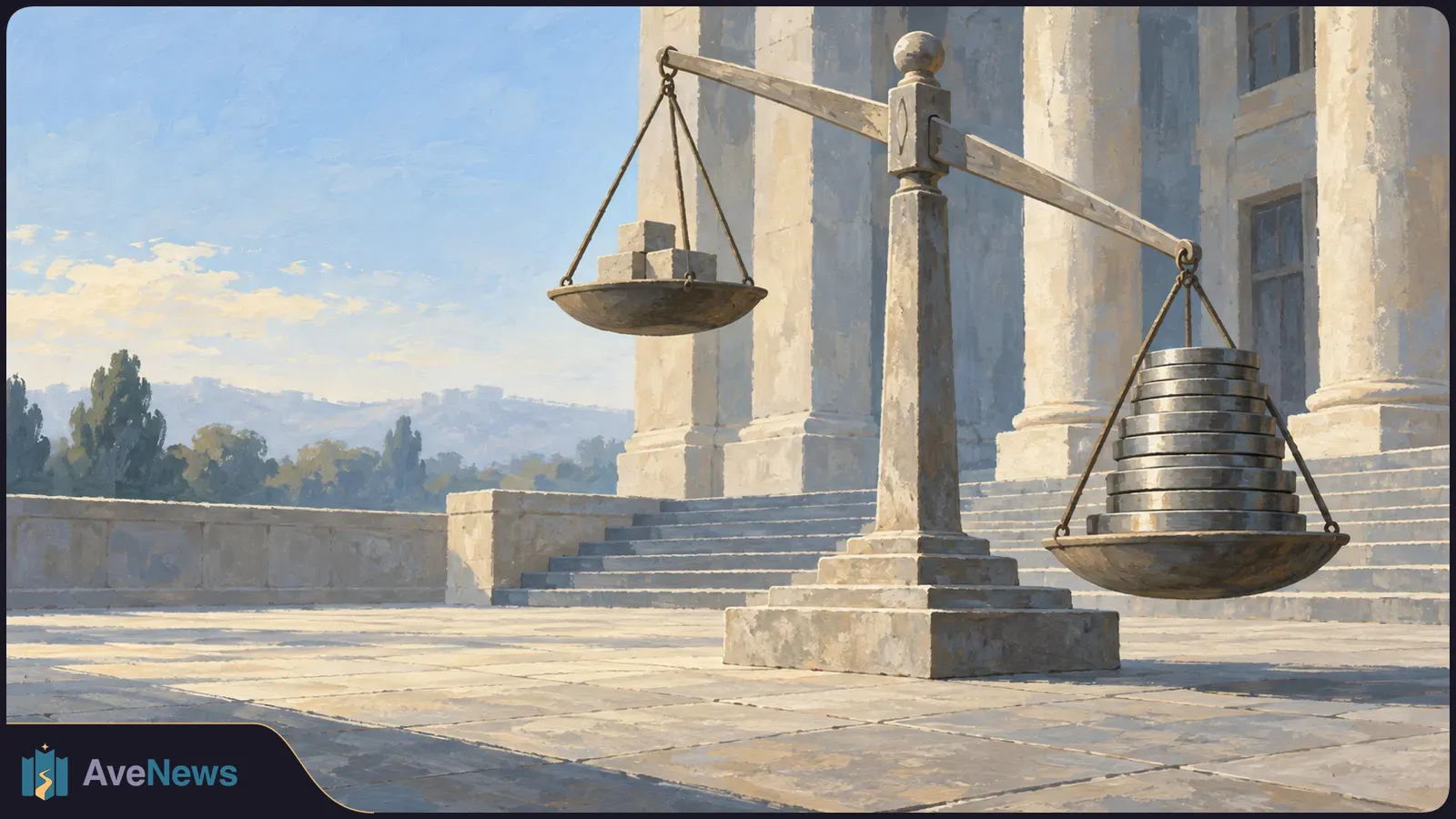 A painted balance scale stands before a columned building; its lower right pan holds a stack of metal discs, while the left holds a few stone blocks. SI illustration