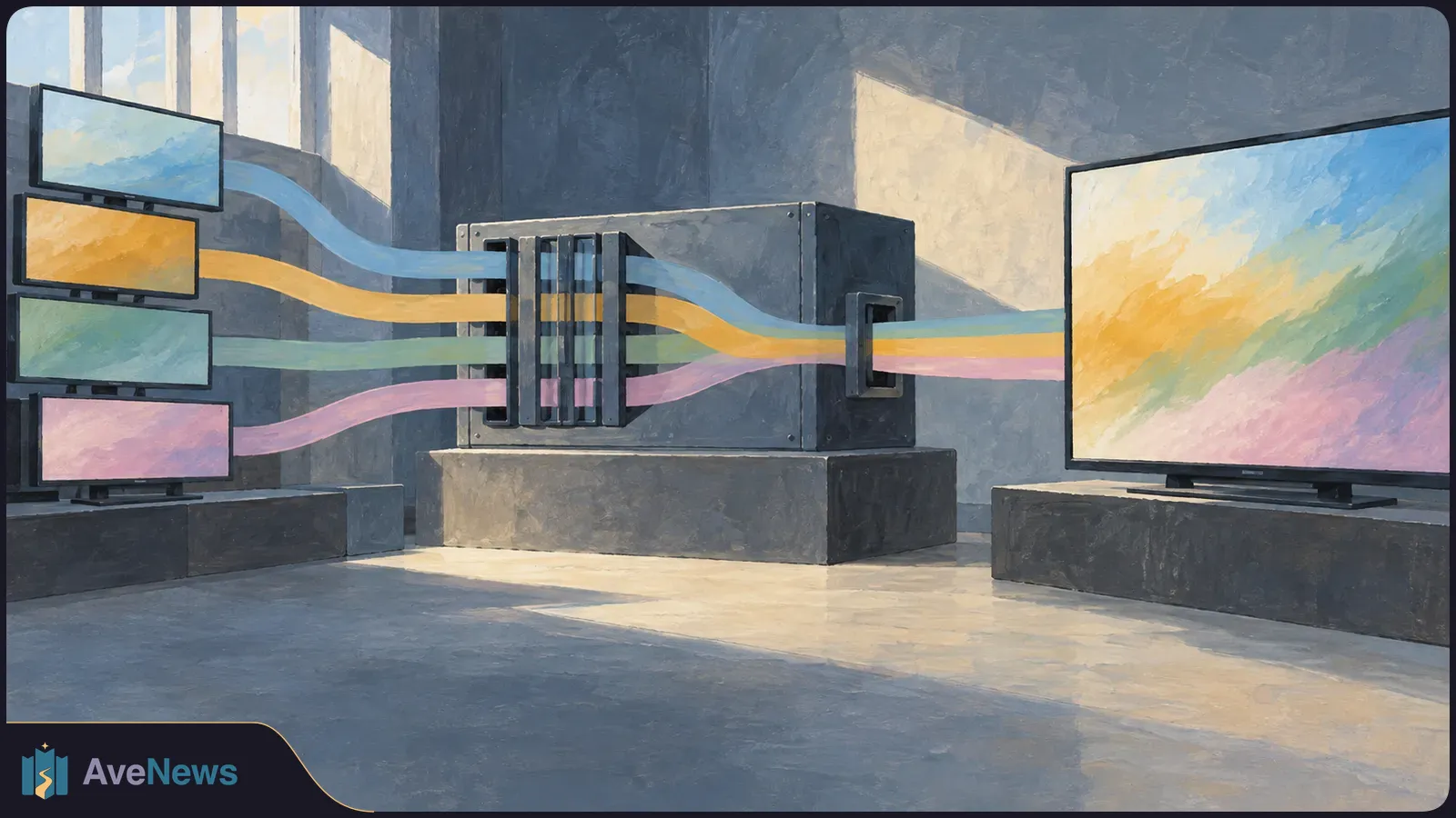 Painted illustration of four small screens linked by colored bands through a central box to a large screen, all showing abstract pastel colors. SI illustration