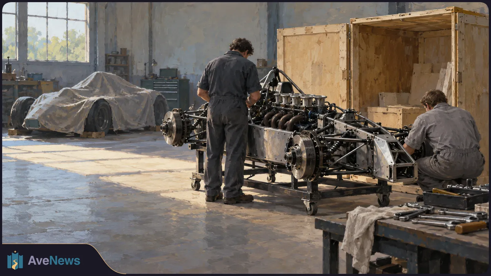 Two workers in a workshop tend to an exposed race-car chassis beside a wooden crate. A covered car sits by the windows, with tools on a bench in front. SI illustration