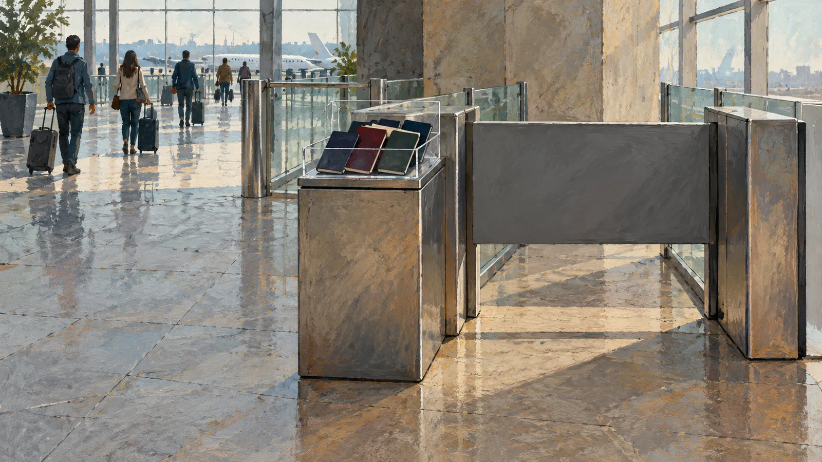 An illustrated airport terminal with travelers pulling suitcases, an airplane beyond the windows, and a row of passport-like booklets beside a closed gate. SI illustration