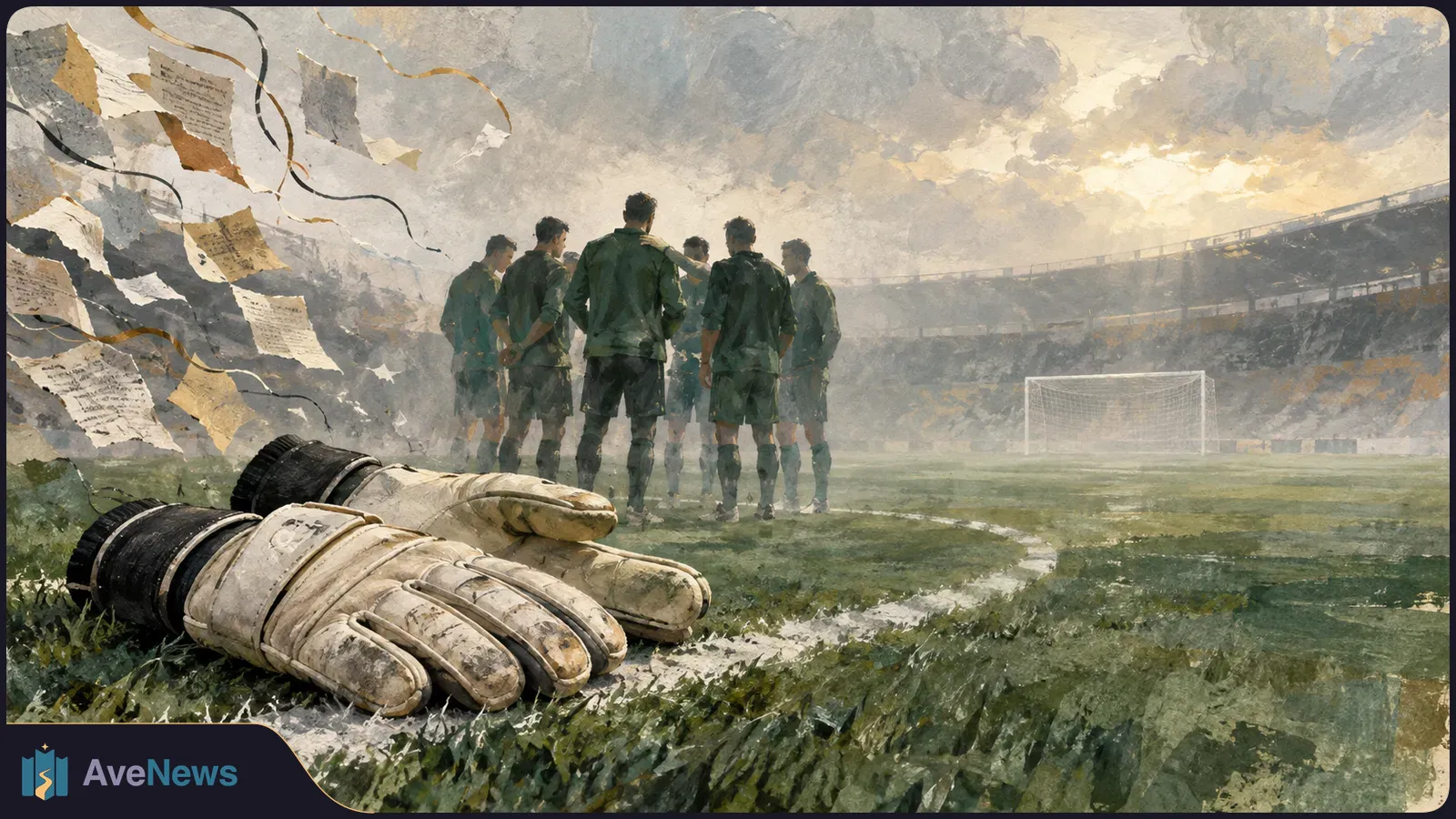 Painted football scene with goalkeeper gloves on the grass in the foreground, six players gathered near a goal, and paper scraps blowing across a cloudy stadium. SI illustration