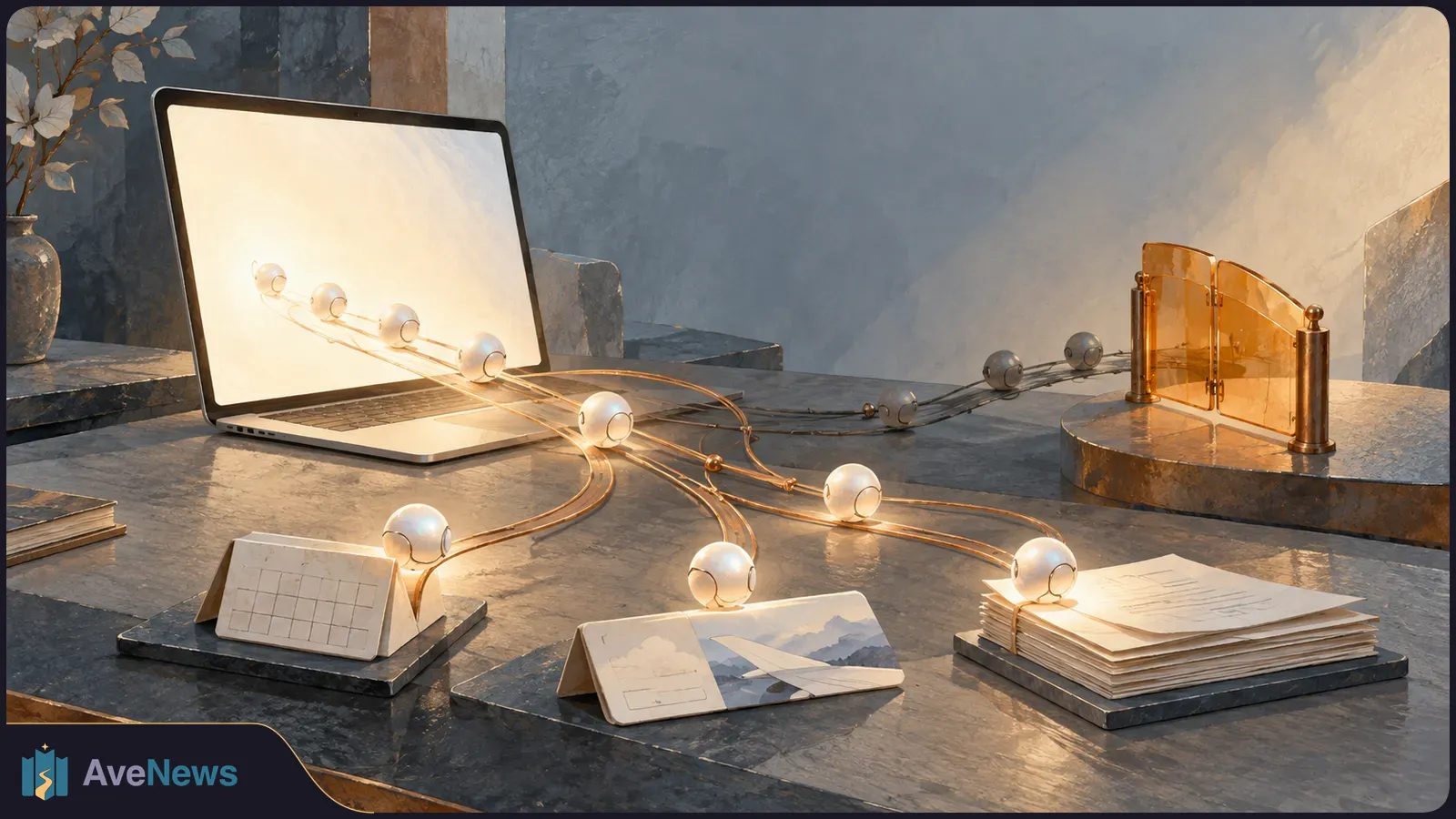 Small white spheres on golden tracks link a glowing laptop to a desk calendar, an airplane card, and a stack of papers. Amber panels stand behind them. SI illustration