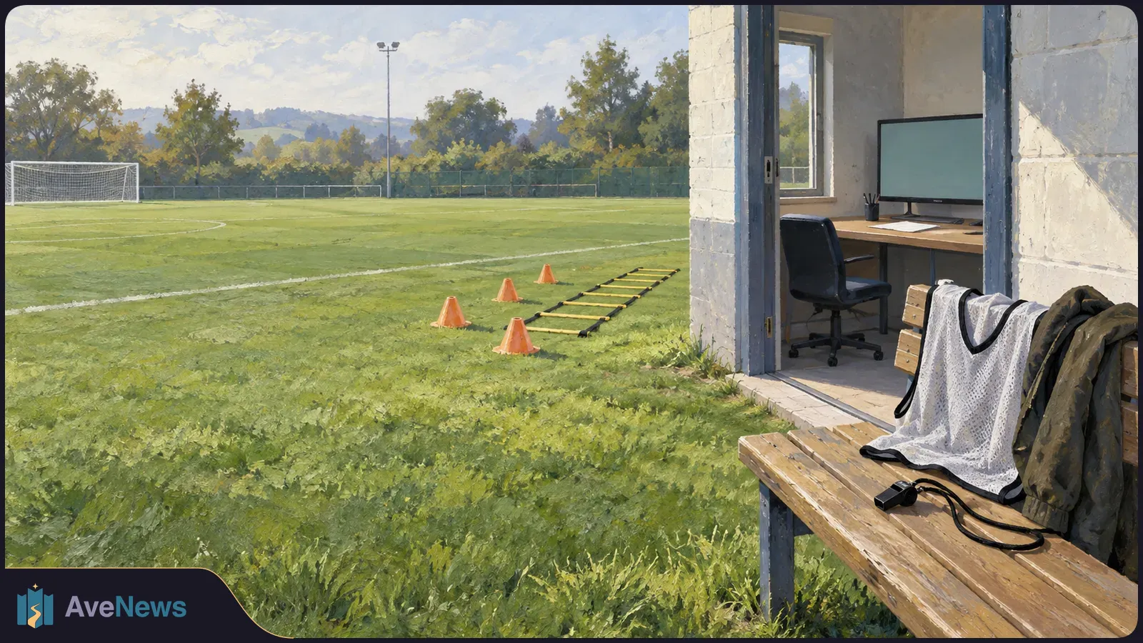 A painted football pitch with a goal, agility ladder and orange cones beside a small office. A mesh shirt, coat and whistle rest on a bench. SI illustration