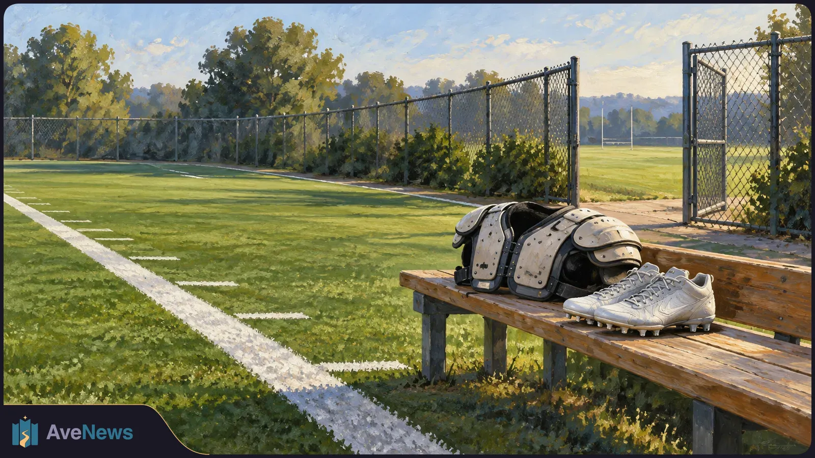 Painted view of an empty football field beside a chain-link fence, with shoulder pads and white cleats on a wooden bench. SI illustration