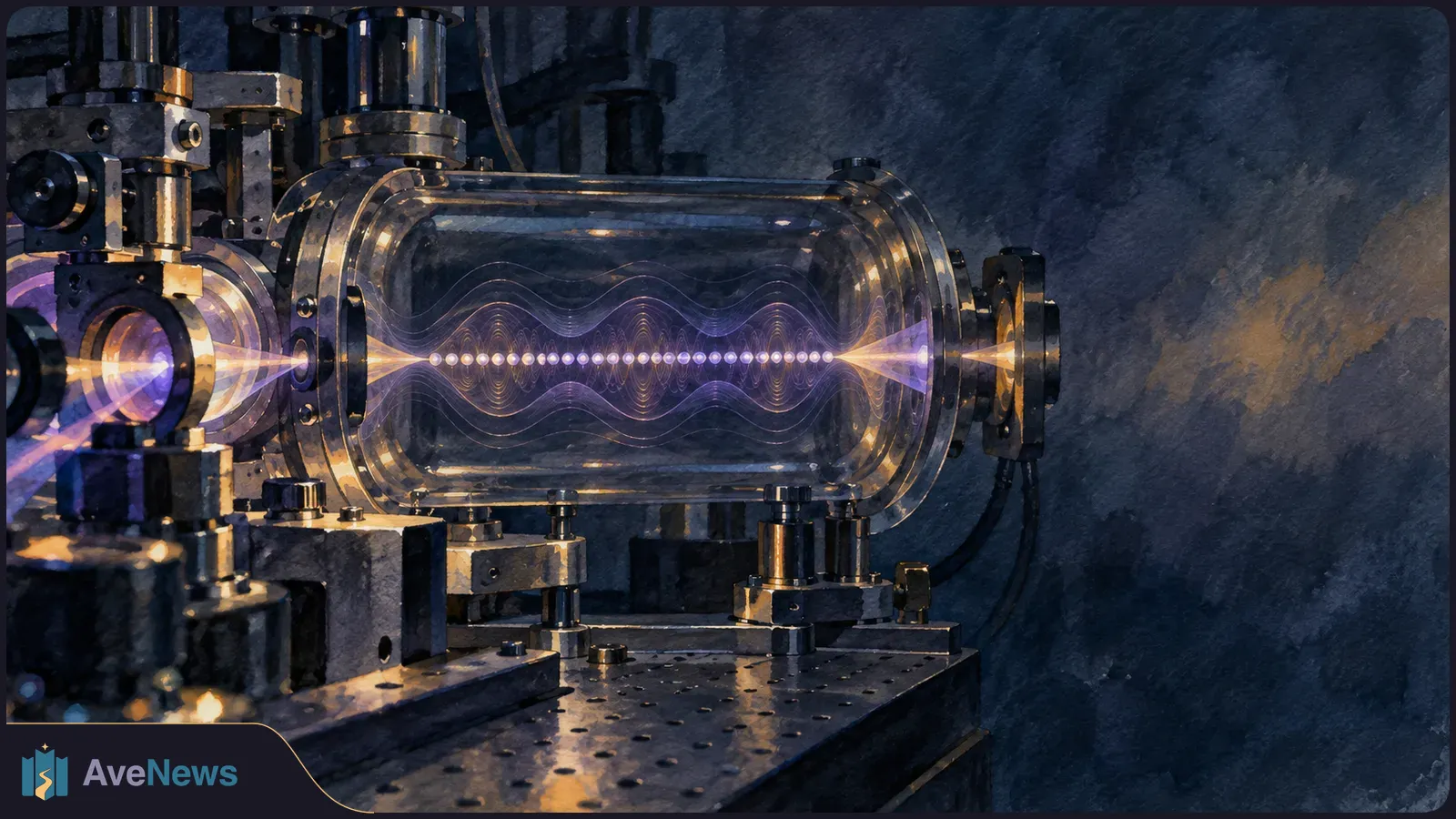 Illustration of a row of glowing dots inside a glass chamber, with purple light beams and wave patterns passing through it amid dark laboratory equipment. SI illustration