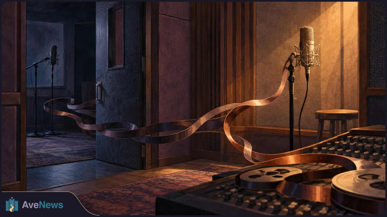 In a warmly lit recording studio, a loose tape ribbon curls past a microphone and mixing console toward another microphone through an open door. SI illustration