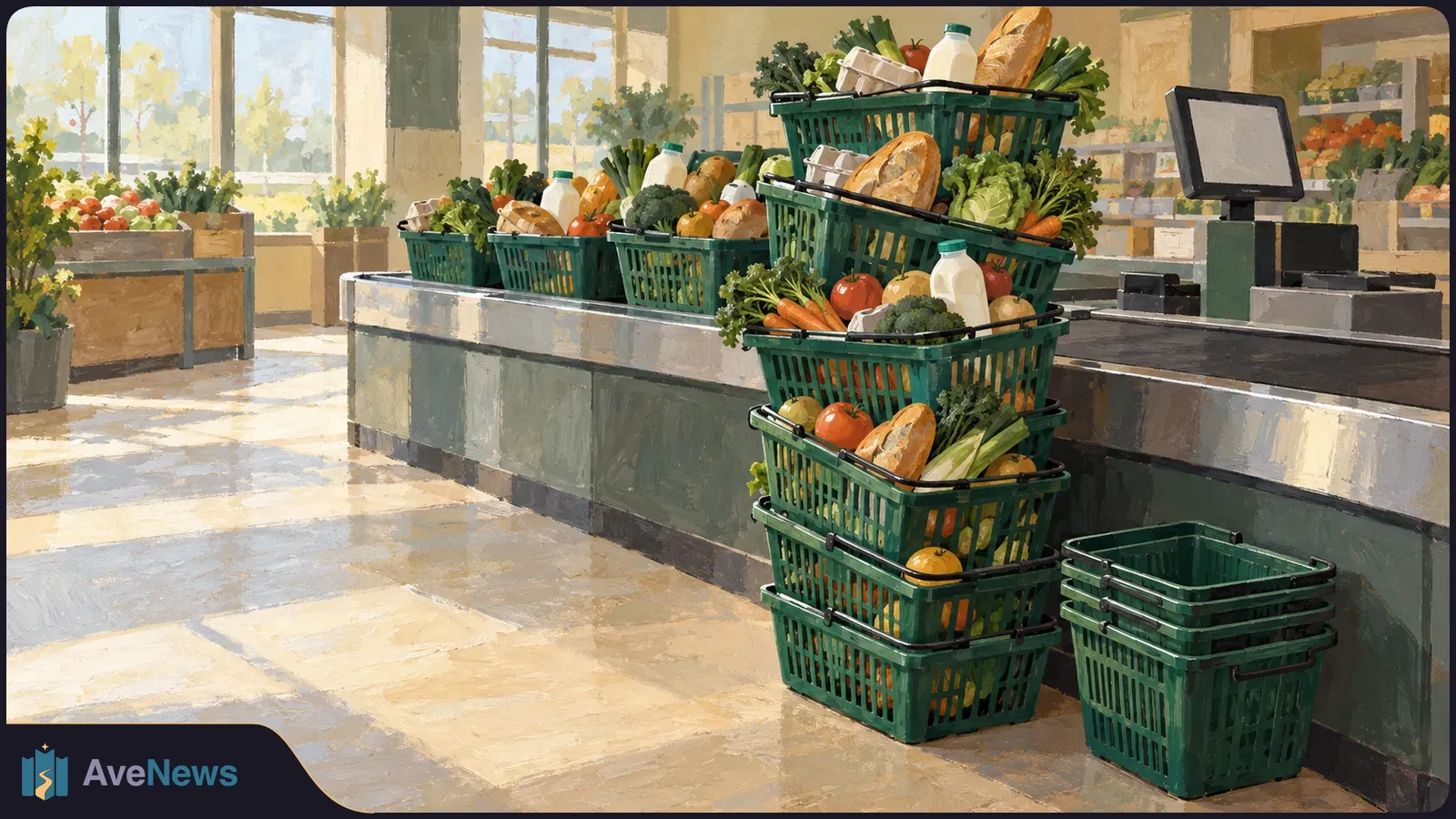 Illustration of a supermarket checkout with stacks of green baskets full of bread, vegetables and milk beside a stack of empty baskets. SI illustration