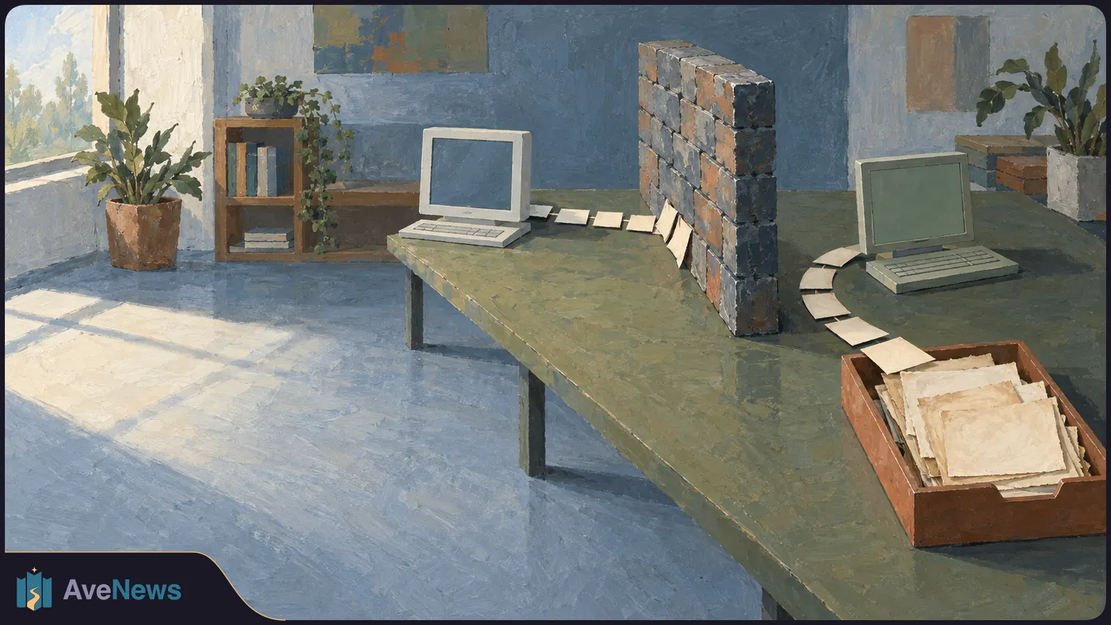 A painted room with two blank-screen laptops separated by a short brick wall. Paper slips curve around the wall toward a tray of papers; plants and sunlight fill the background. SI illustration