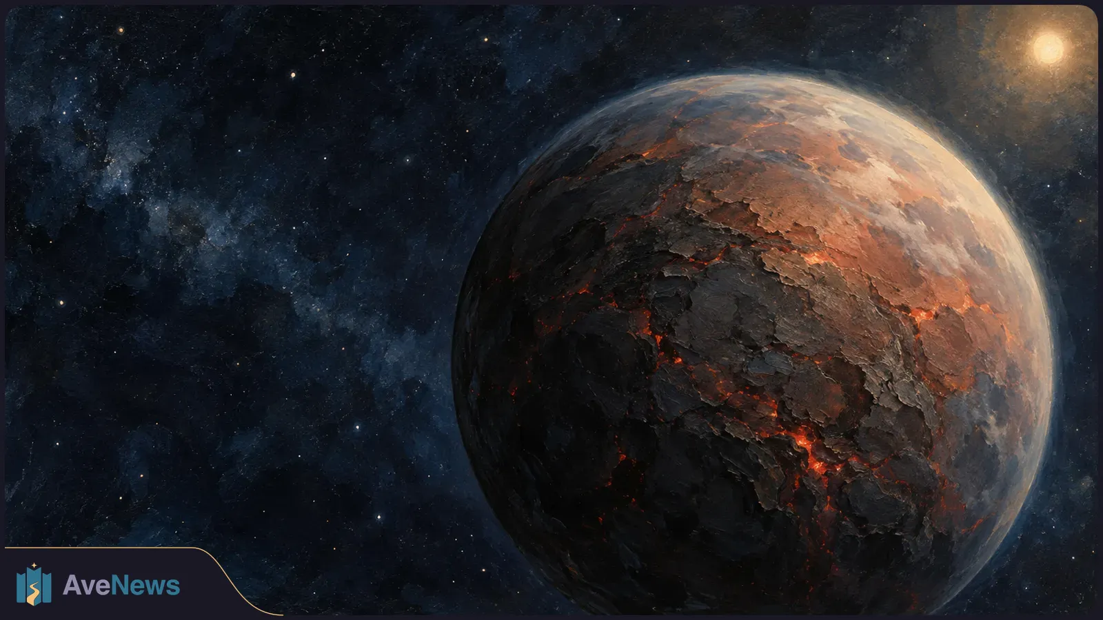 A dark, cracked planet glows orange along its fissures, with a faint pale halo against a star-filled sky and a bright star at upper right. SI illustration