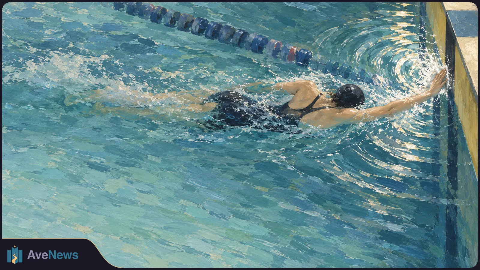 Painted view of a swimmer in a black cap and suit reaching the end wall of a pool, with splashing water and a lane divider behind. SI illustration