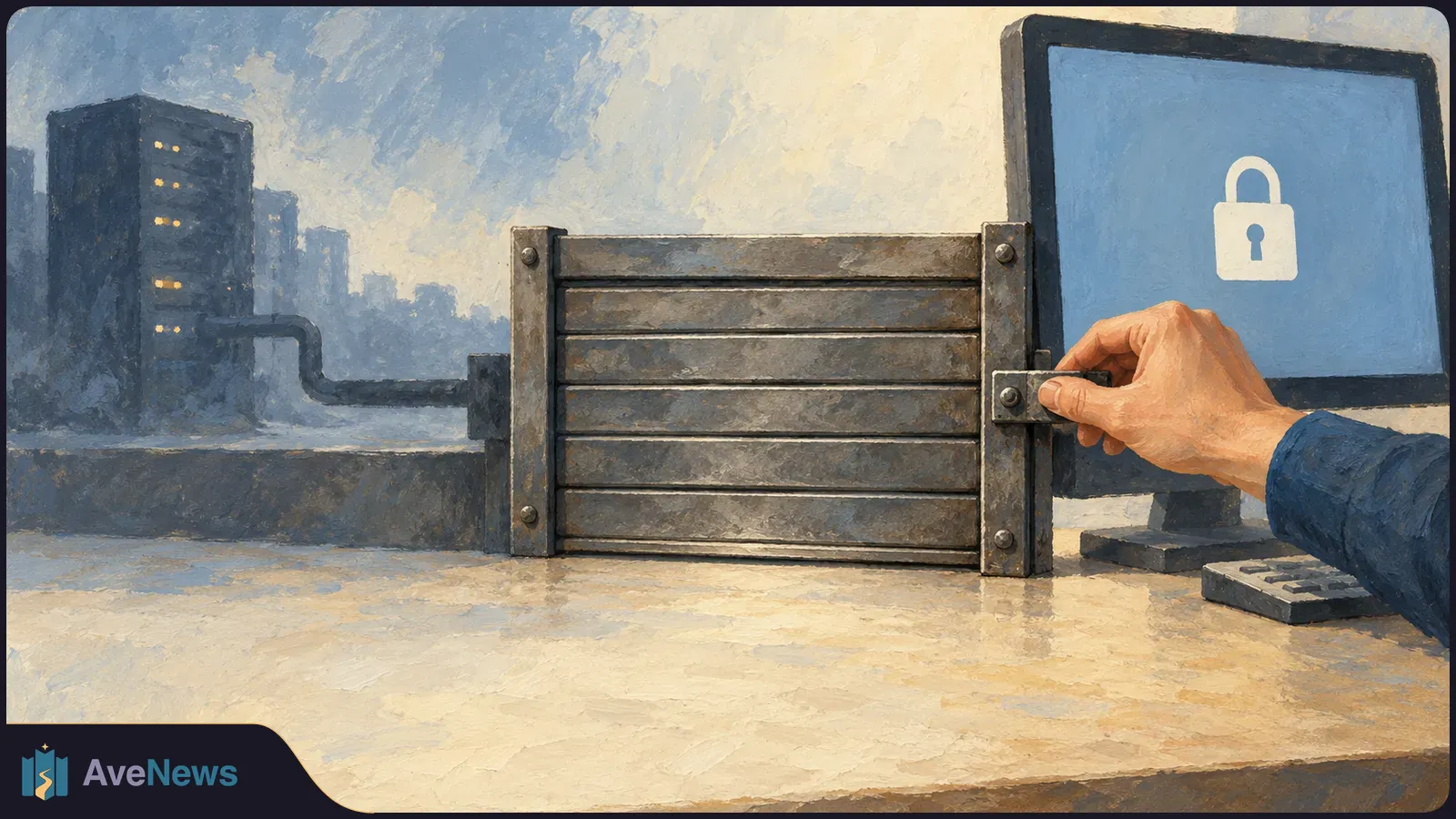 Painted scene of a hand touching a metal latch on a slatted barrier beside a computer monitor displaying a closed padlock; dark buildings appear in the background. SI illustration