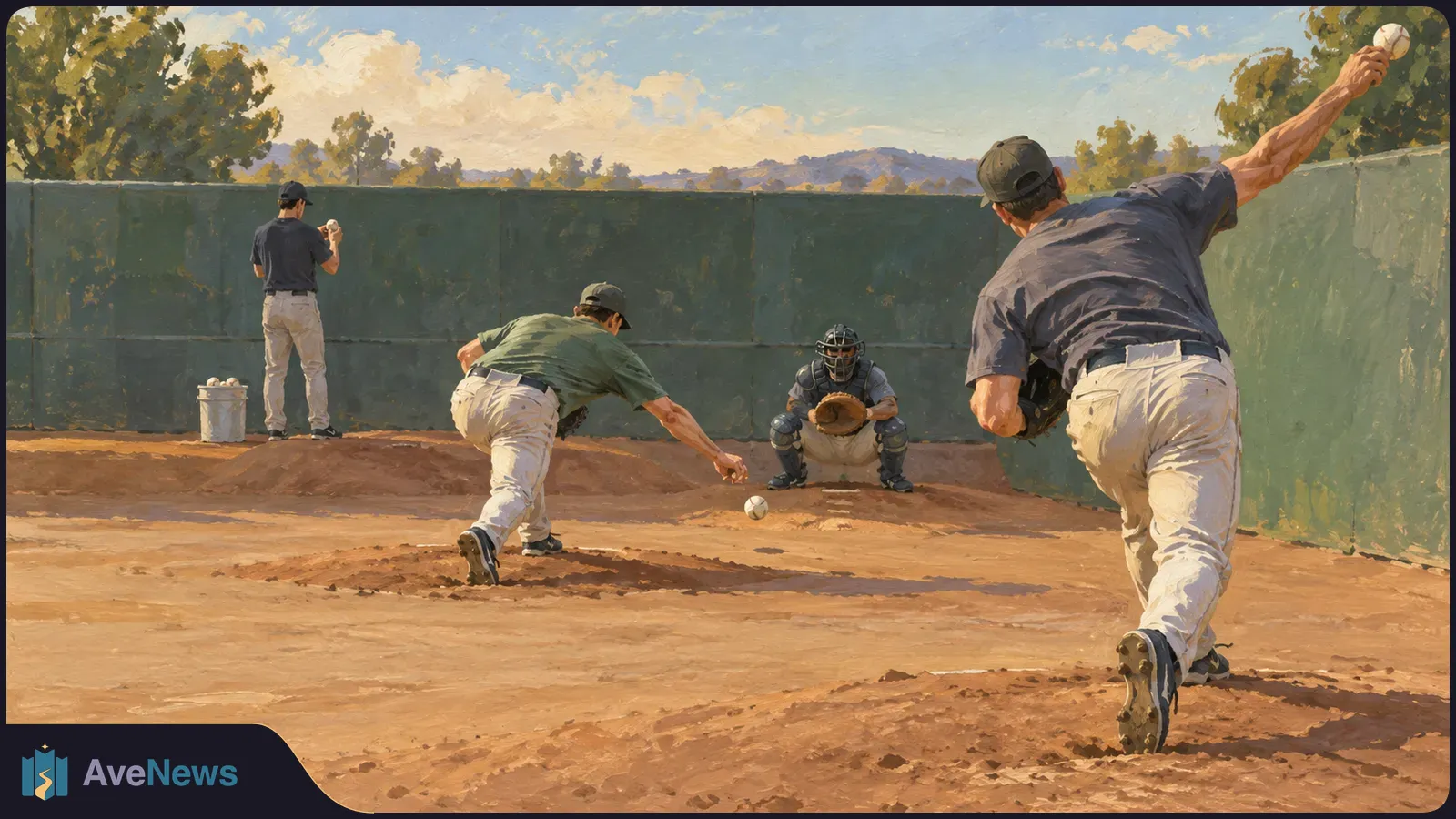 Painterly baseball scene with three pitchers in different throwing poses facing a crouching catcher on a dirt field, with a green wall and trees behind them. SI illustration