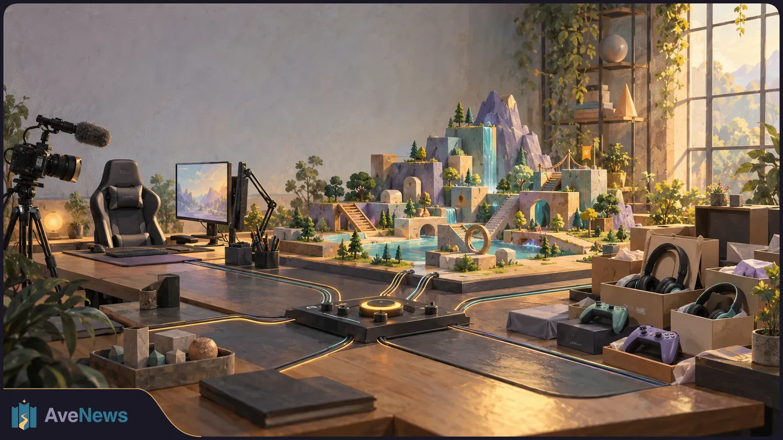 A stylized gaming studio with a camera, monitor and chair beside a miniature game world of mountains, waterfalls and bridges; headsets and controllers sit in open boxes. SI illustration