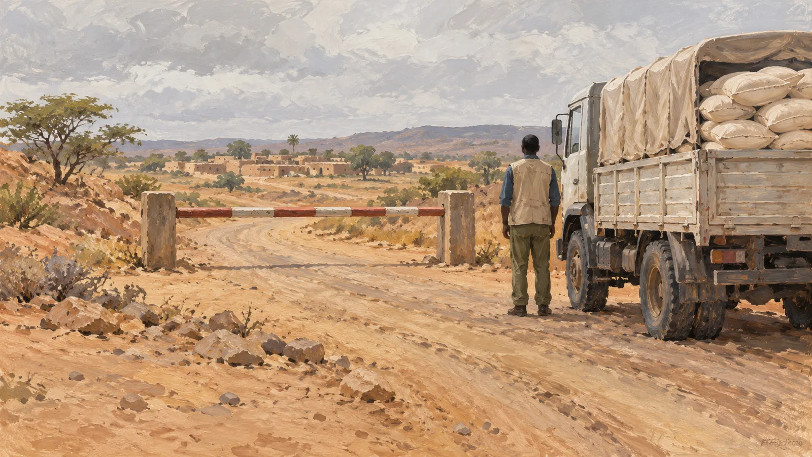 A painted scene shows a person beside a sack-laden truck facing a lowered barrier on a dusty road, with a settlement in the distance. SI illustration