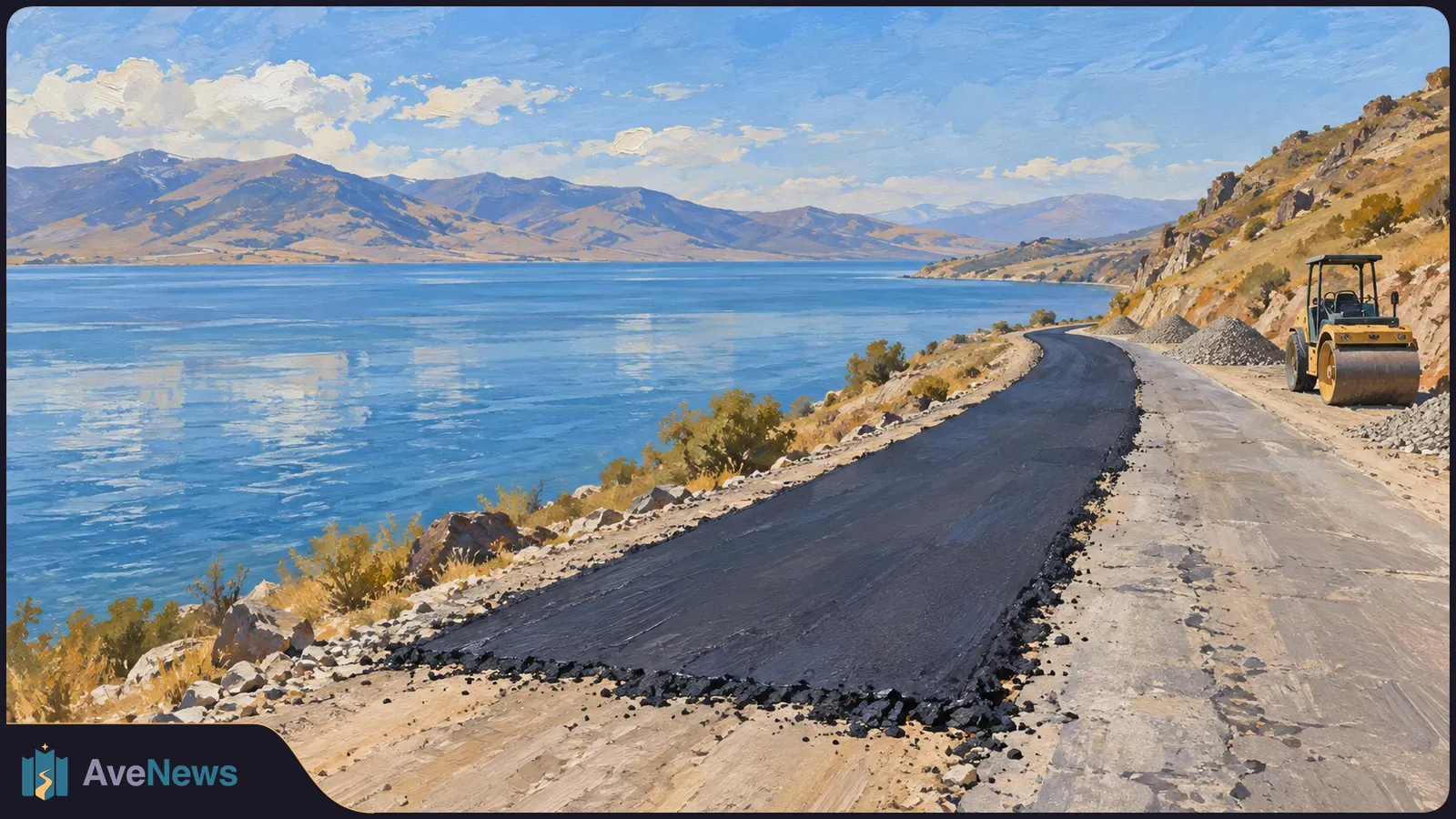 Painterly illustration of a partly paved road beside a blue lake and mountains, with a road roller parked by piles of gravel. SI illustration
