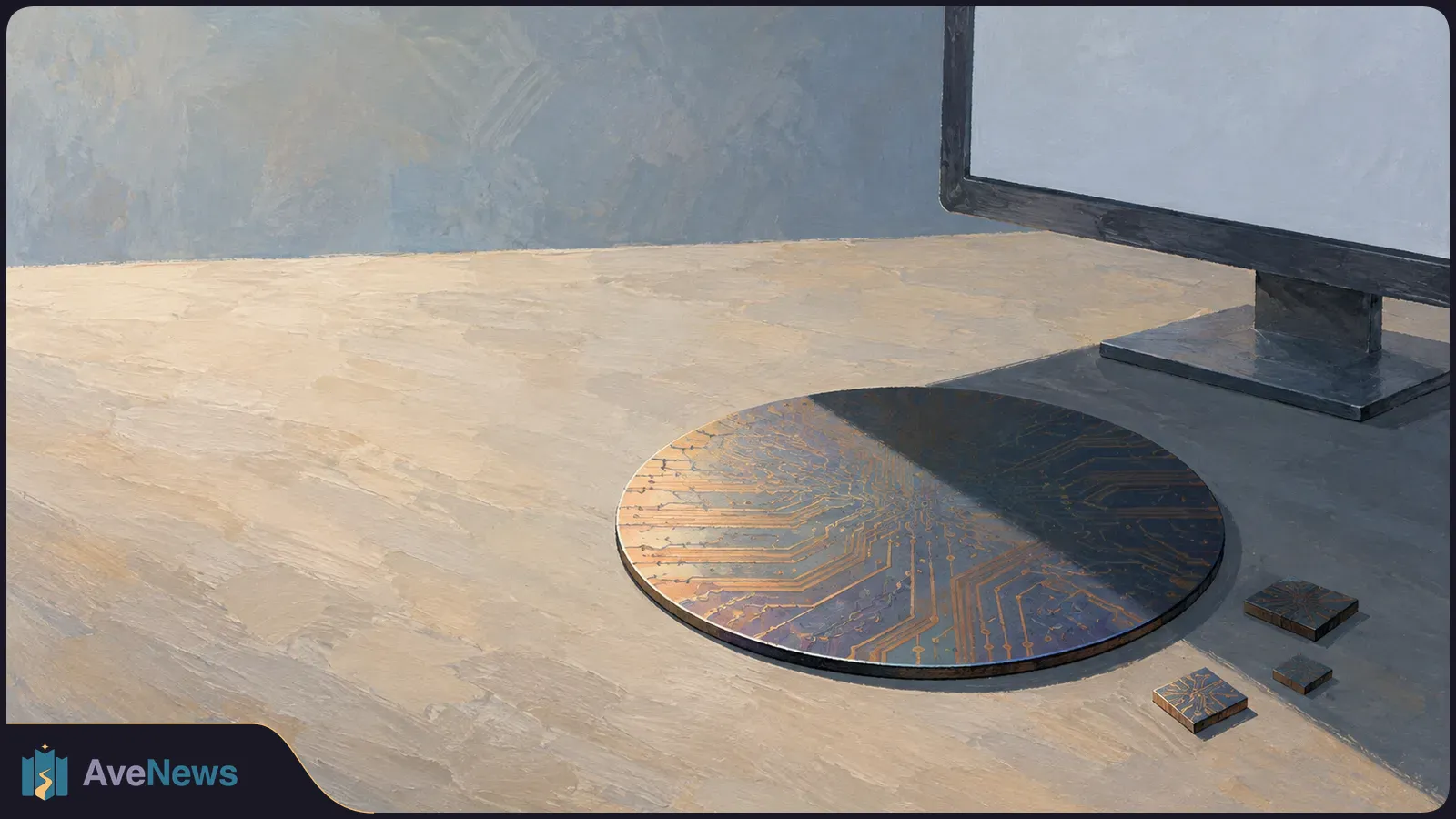 A painted illustration of a large circular chip patterned with gold circuit lines and three small square chips beside a blank monitor. SI illustration