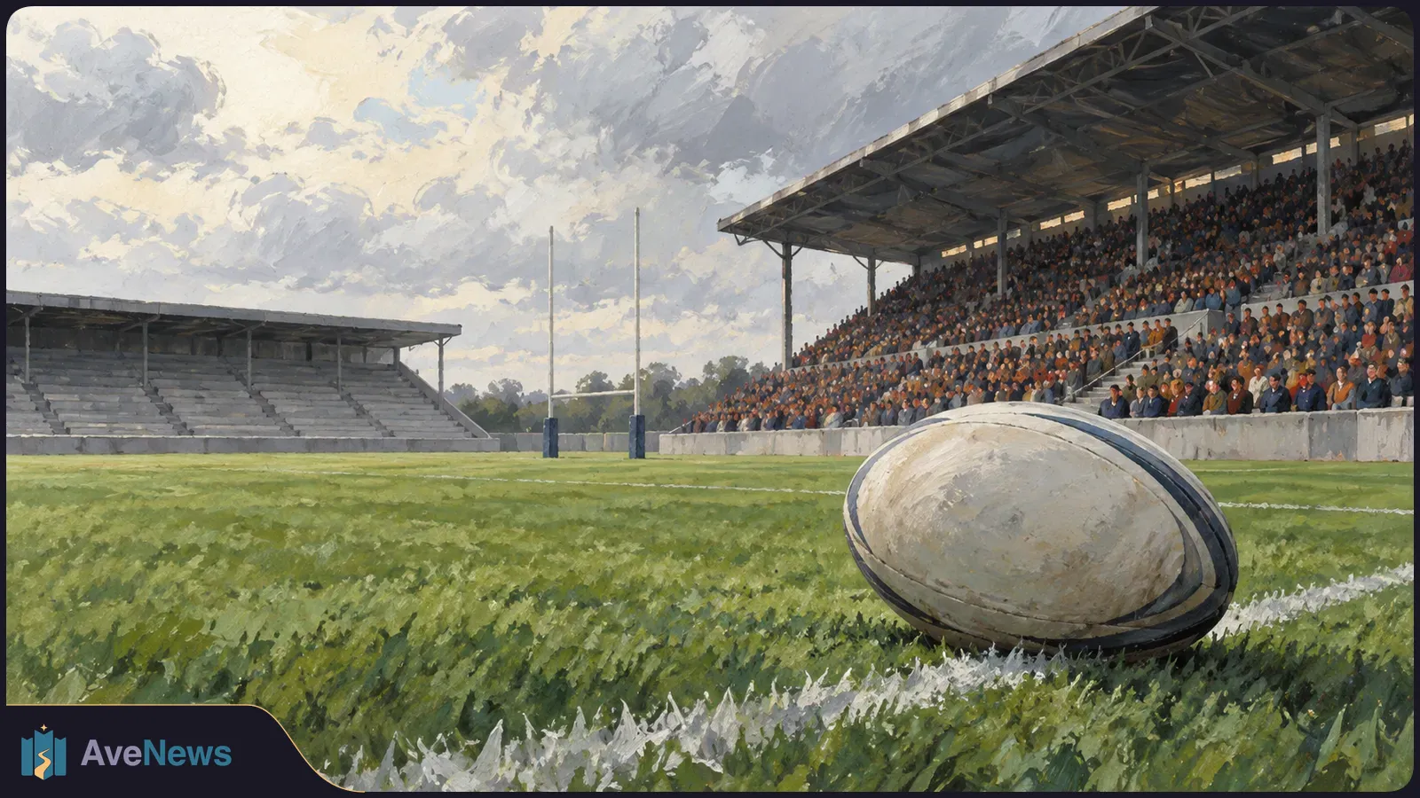 Painted rugby ball on the grass near the touchline, with goalposts beyond it; one grandstand is crowded and the other is empty. SI illustration