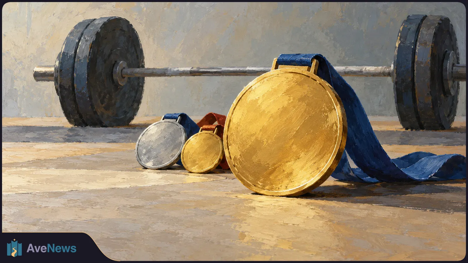 Painted illustration of a barbell with heavy black plates behind three medals resting on the floor, their ribbons draped across it. SI illustration