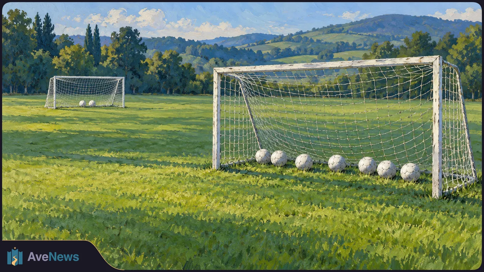 Painted football field with seven balls along a large foreground goal and two by a smaller goal in the distance, with trees and hills beyond. SI illustration