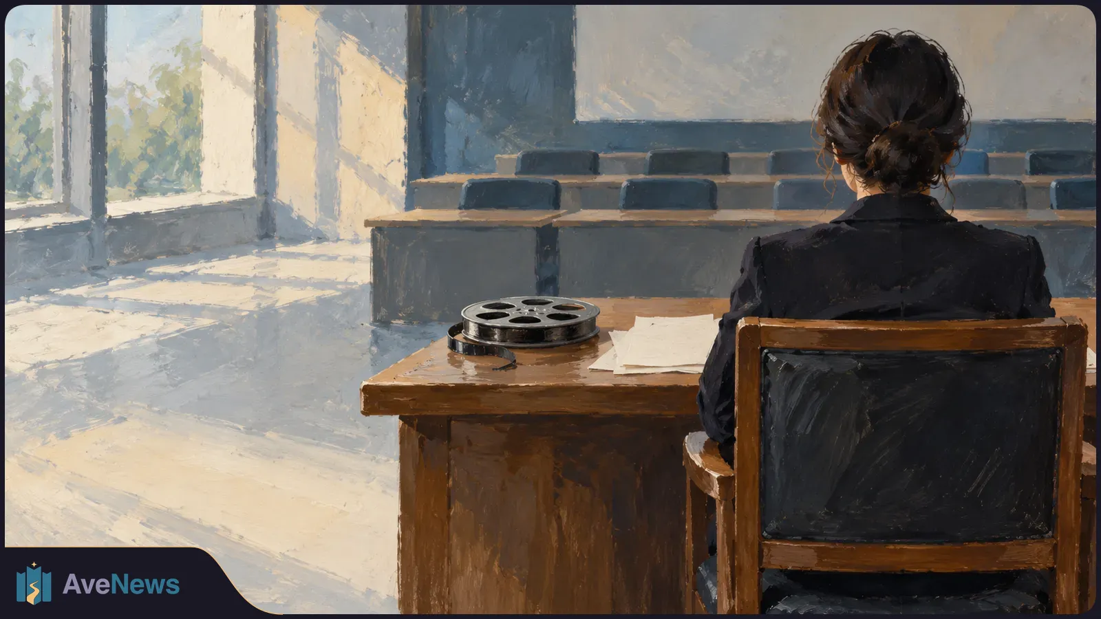 Painting of a person seen from behind at a desk with a film reel and papers, facing rows of empty seats in a sunlit room. SI illustration