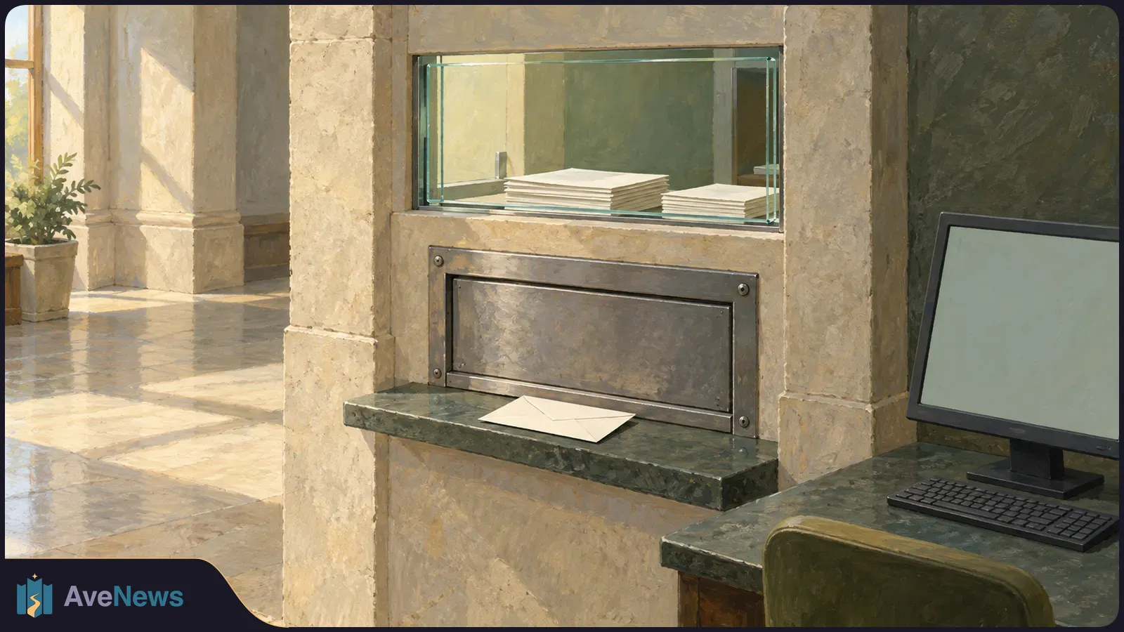 Illustrated service counter with stacks of paper behind a glass window, an envelope on the ledge, and a computer with a blank screen at right. SI illustration