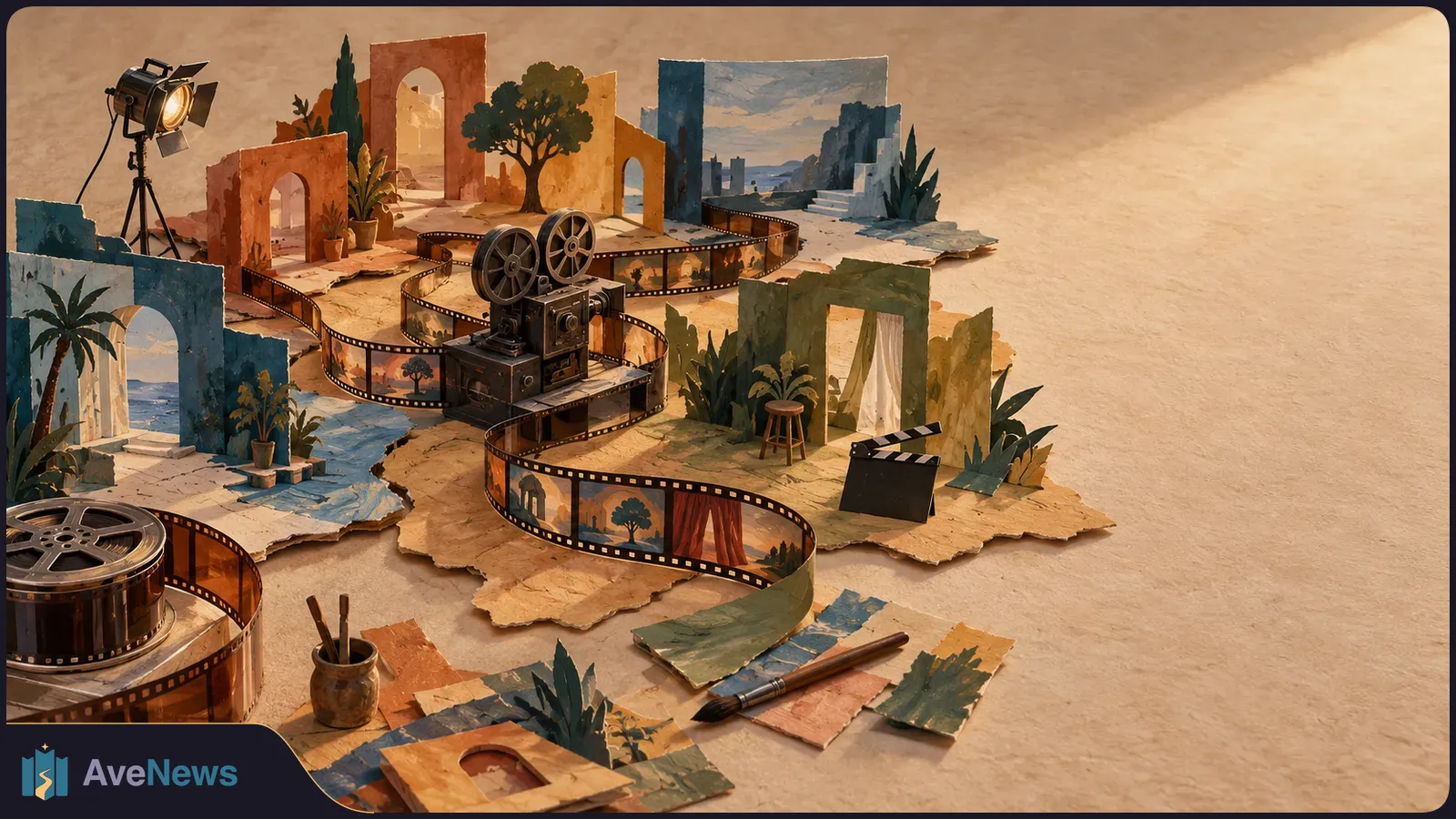 A paper-cut film set with a vintage projector, winding filmstrip, painted arches and landscapes, a spotlight, and a clapperboard. SI illustration