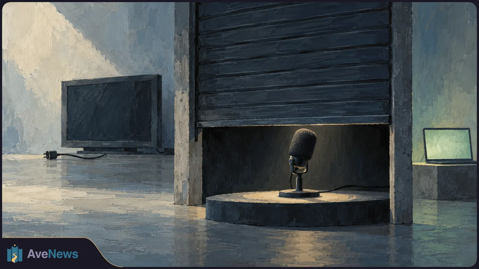 Painted scene of a microphone beneath a partly lowered shutter, with a dark monitor on the left and a pale glowing screen on the right. SI illustration