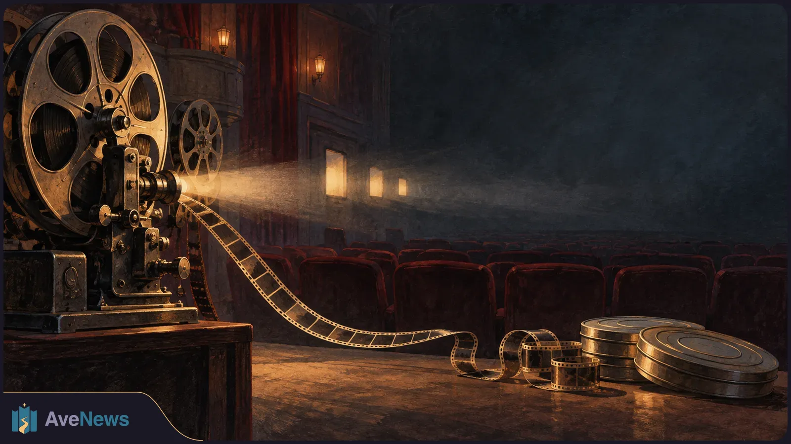 An old film projector casts a beam across an empty cinema; loose filmstrip and metal reels rest in the foreground. SI illustration