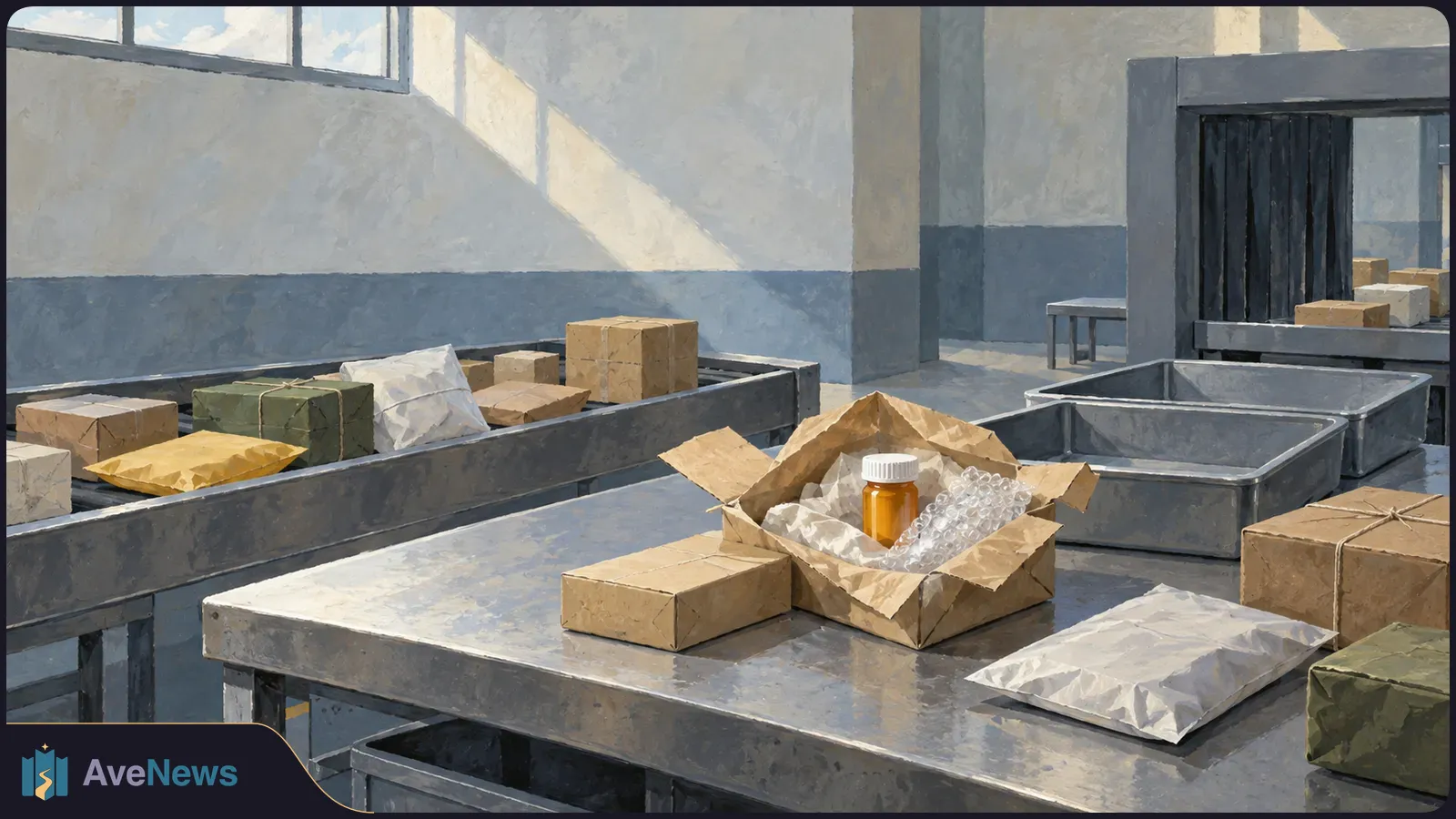 Painted mail-sorting room with parcels on conveyor belts. An amber medicine bottle sits in an open, padded package on a metal table. SI illustration
