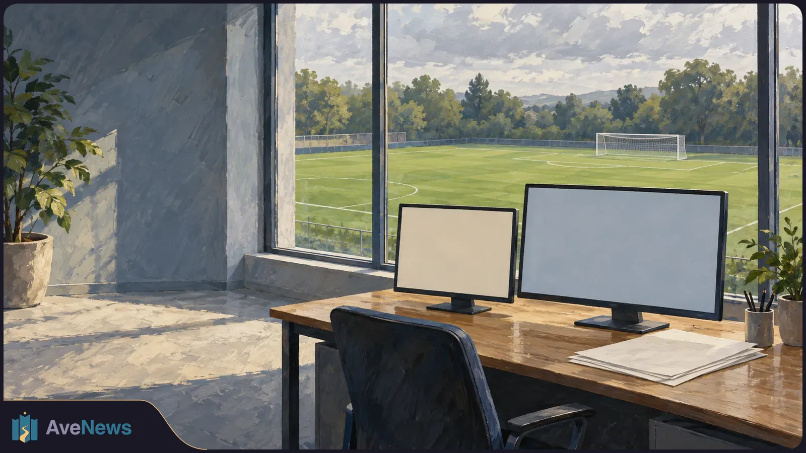 Painted office with two blank monitors and papers on a desk, overlooking an empty football pitch through large windows. SI illustration