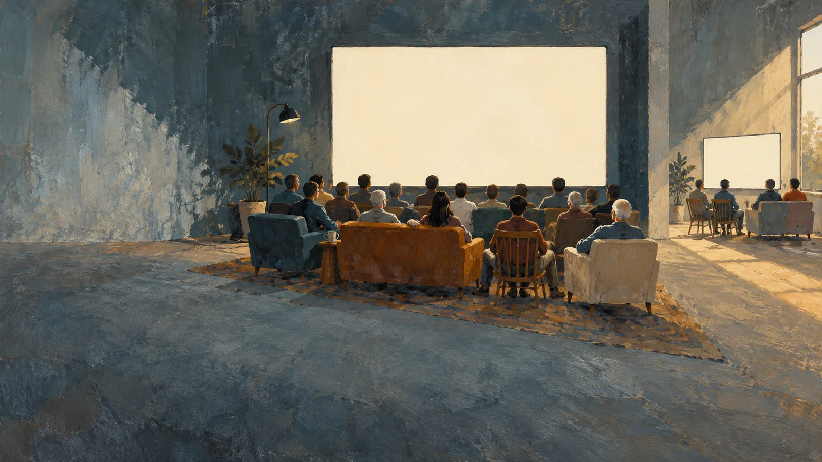 A painted scene of people seated on sofas and chairs facing a large blank screen, with another group facing a smaller screen in a sunlit room. SI illustration