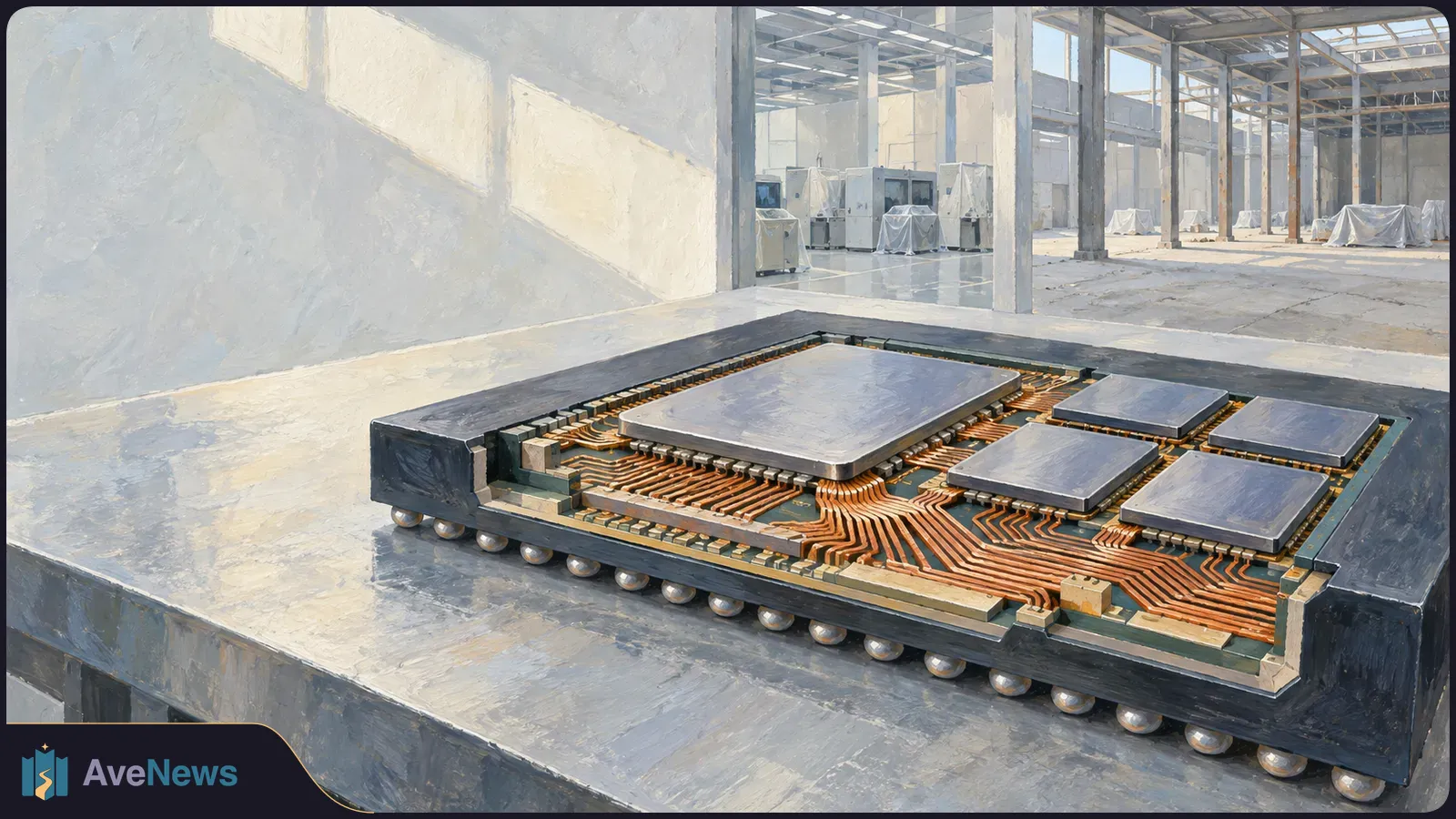A painted image of five silver chips linked by copper traces on a dark circuit package, with a spacious industrial hall behind them. SI illustration