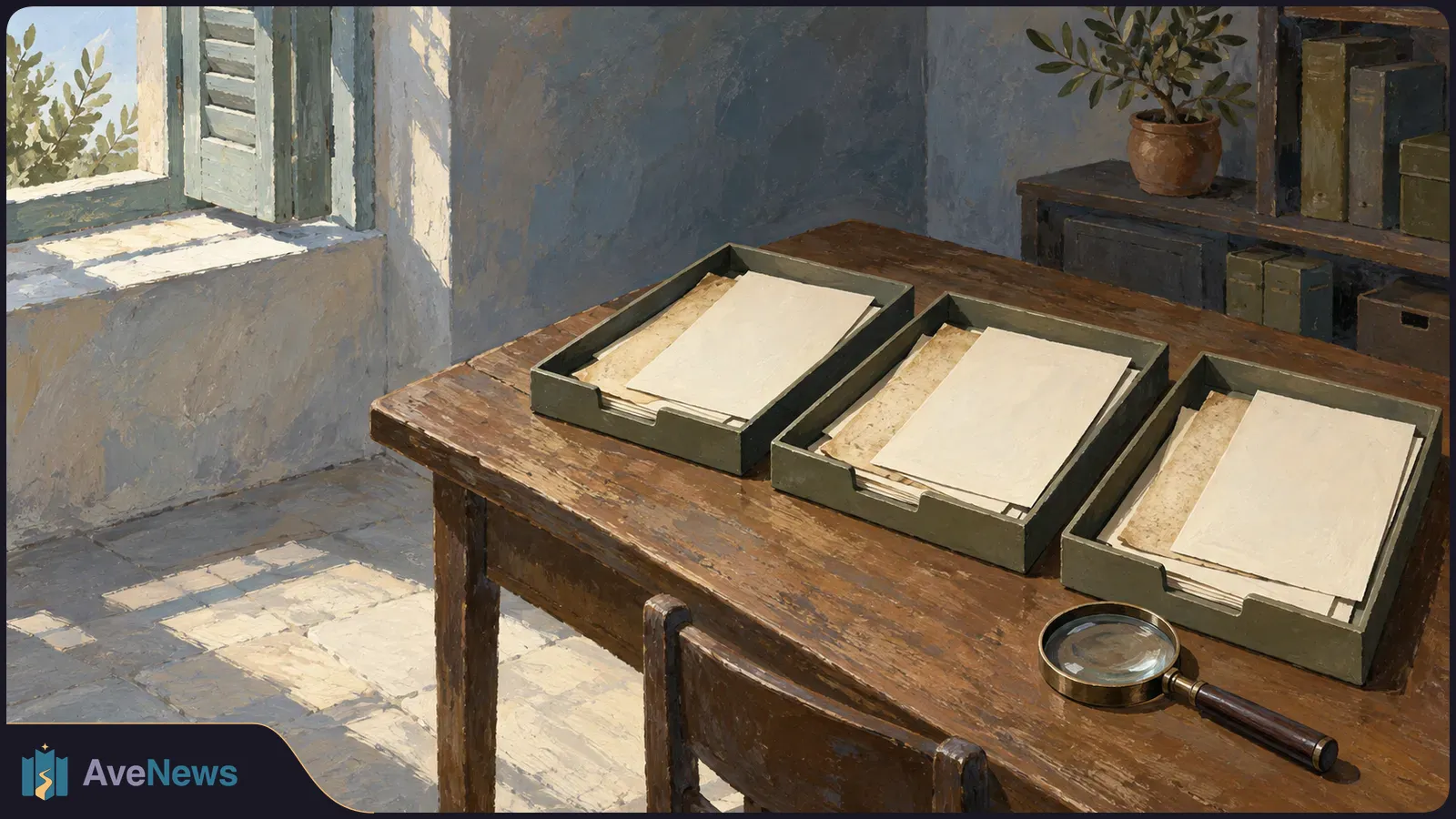 Painted office scene with three trays of blank papers and a magnifying glass on a wooden table beside a sunlit window. SI illustration