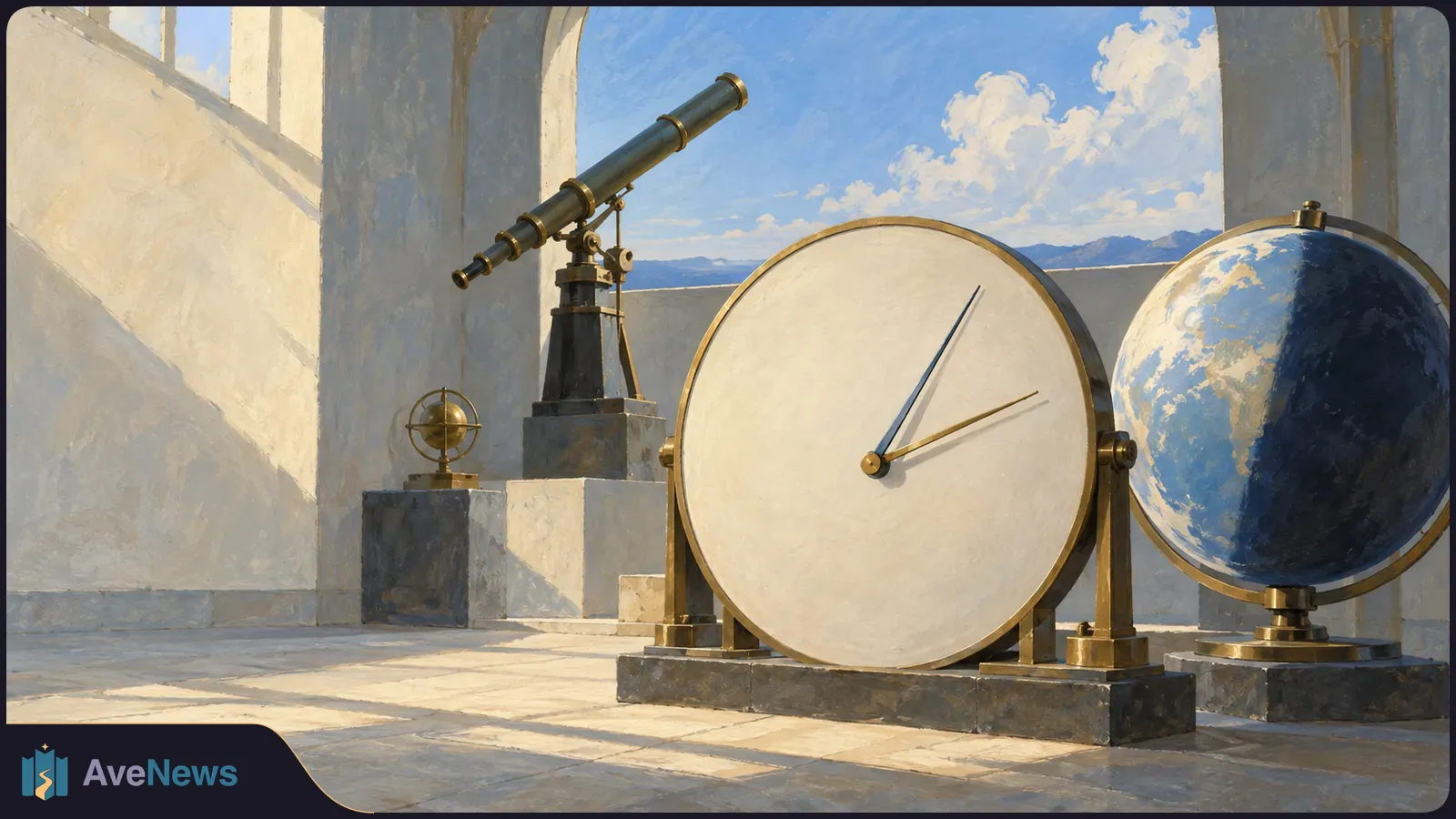 Painted observatory scene with a large numberless clock, a globe and a telescope beneath stone arches, with blue sky and distant mountains. SI illustration