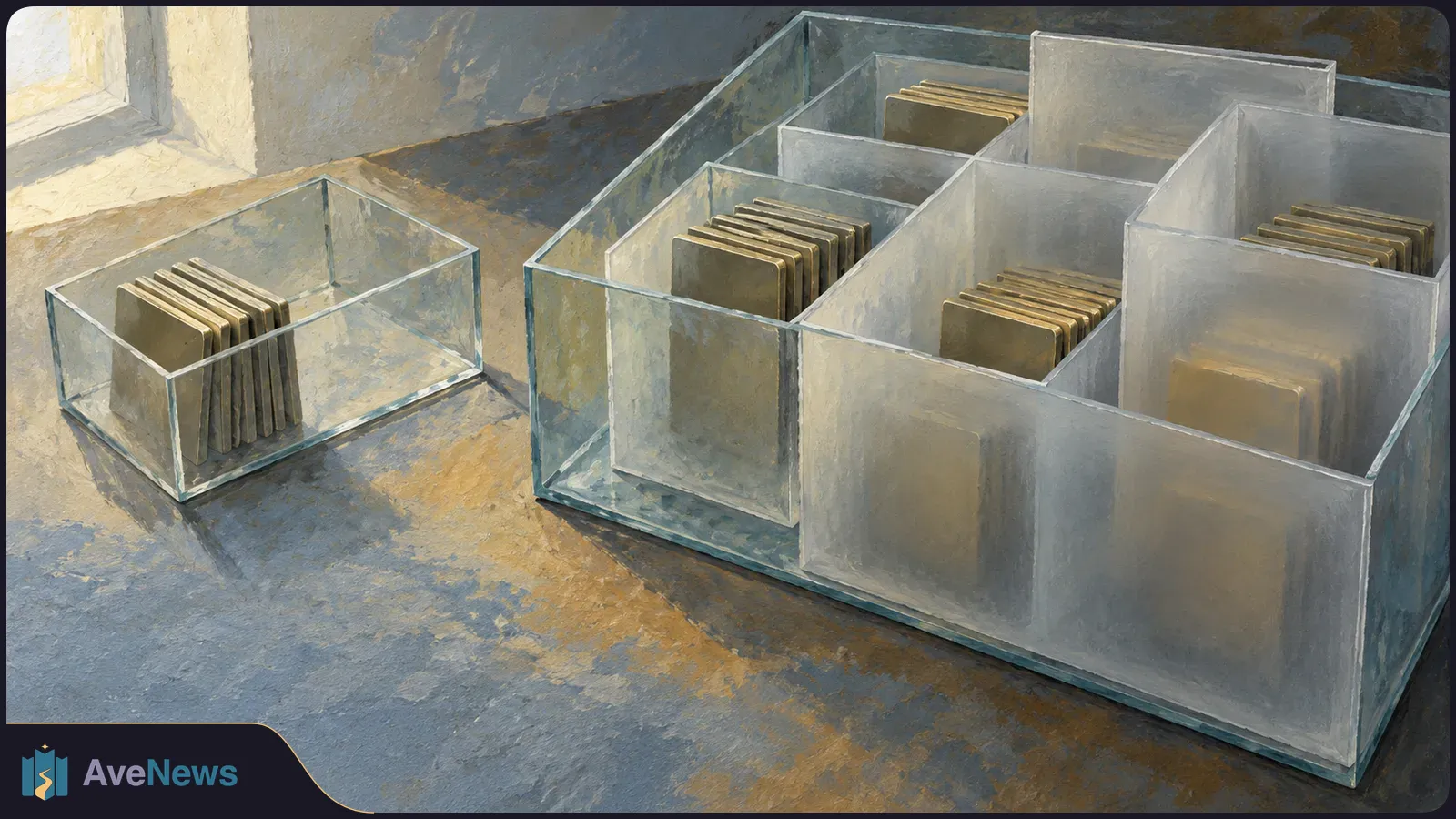 Painterly illustration of stacks of plain cards in clear, divided boxes on a tabletop beside a window. SI illustration