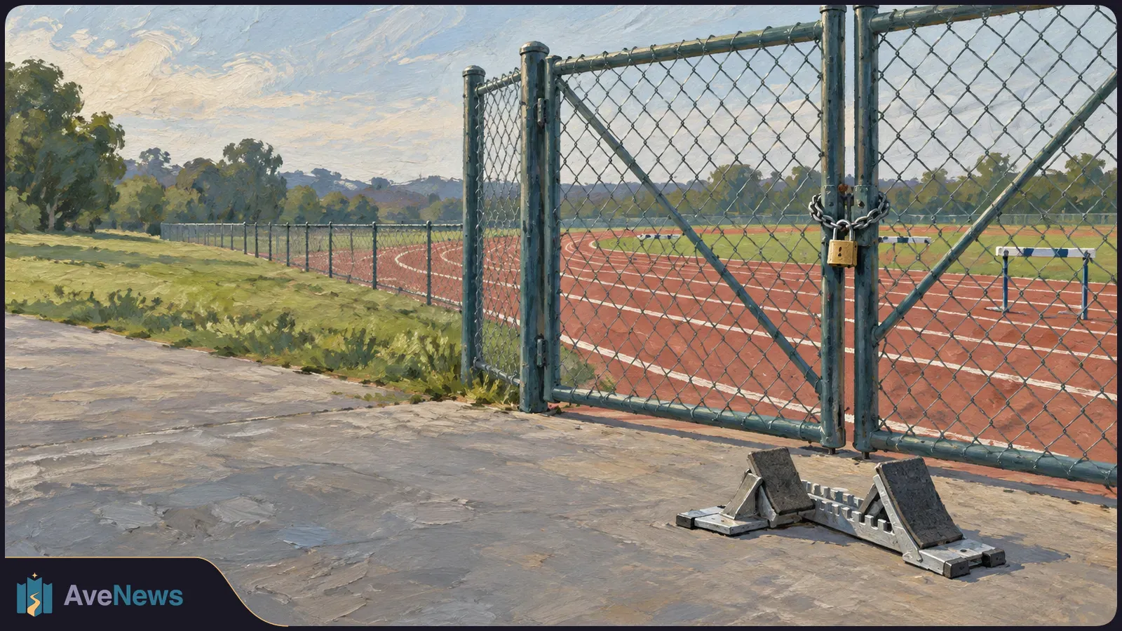 Painted scene of a chain-link gate secured with a chain and padlock beside an empty running track; starting blocks sit on the pavement outside. SI illustration