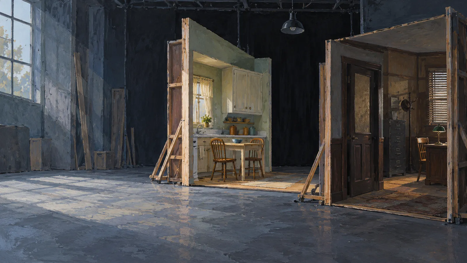 Illustration of two room sets in a dim studio: a bright kitchen with a table and chairs, and a dark office with a desk and filing cabinet. SI illustration