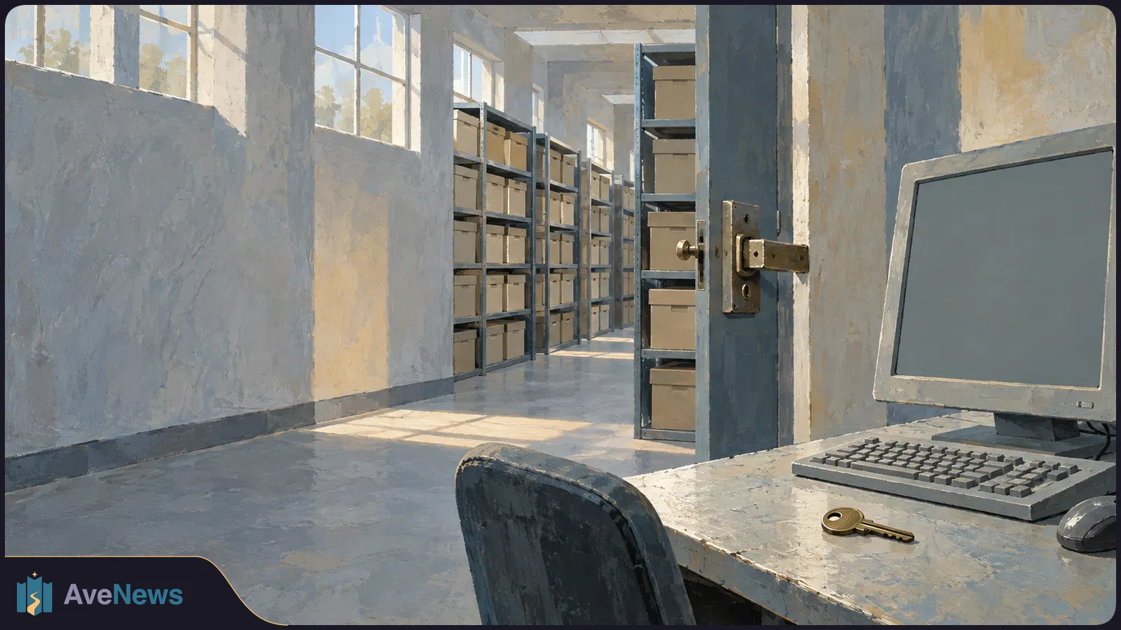 Painted archive room with shelves of boxes beyond an open door; a blank monitor, keyboard and key sit on a desk in the foreground. SI illustration