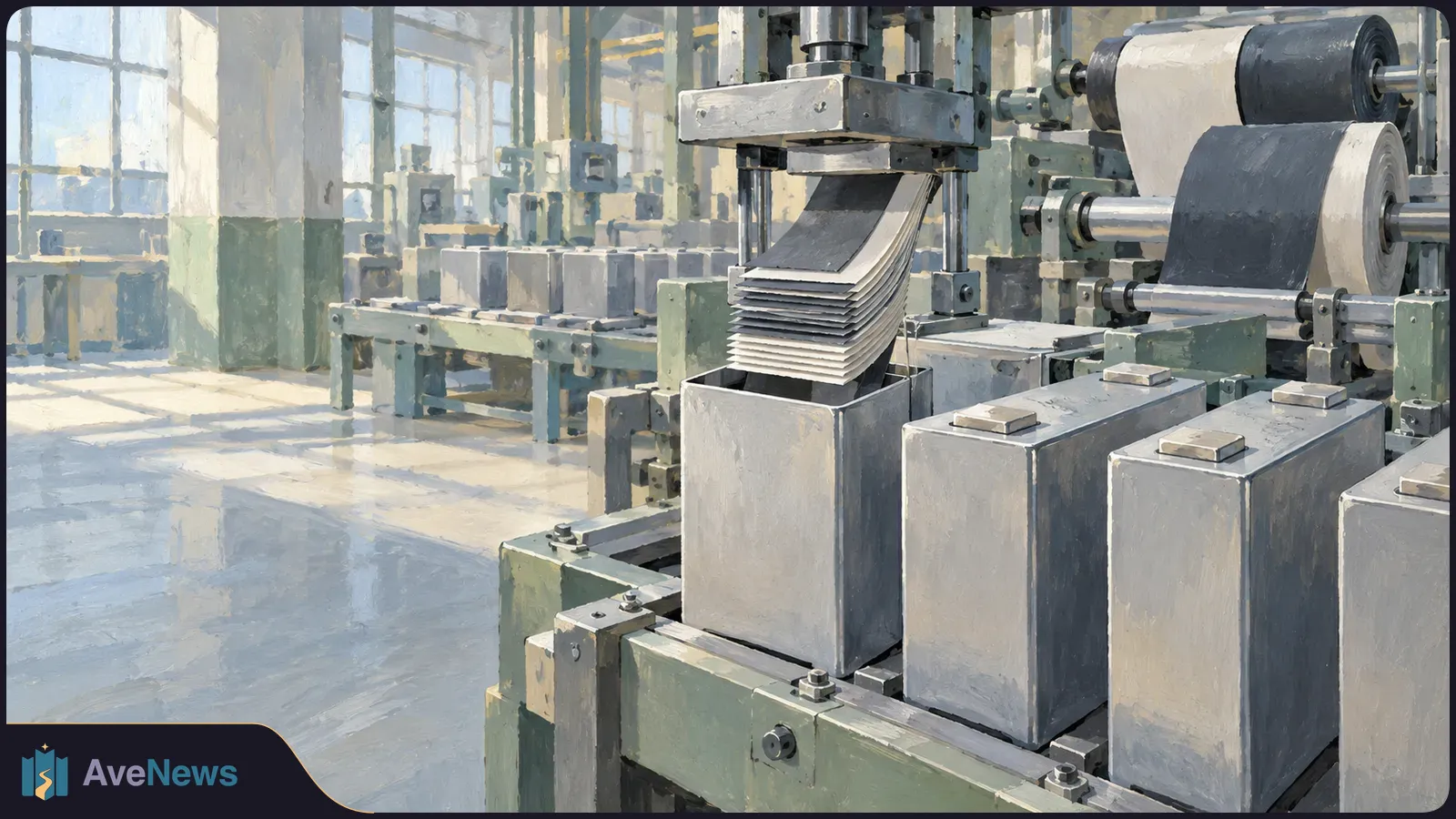 Illustration of a sunlit factory floor with large rolls of sheet material, a press and rows of rectangular metal containers. SI illustration