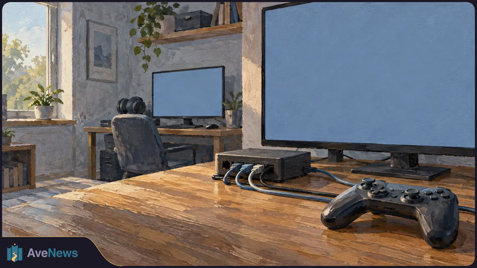 Painterly gaming workspace with a controller and a small wired device on a wooden desk. A large blank monitor stands behind them, with a second blank screen farther back. SI illustration
