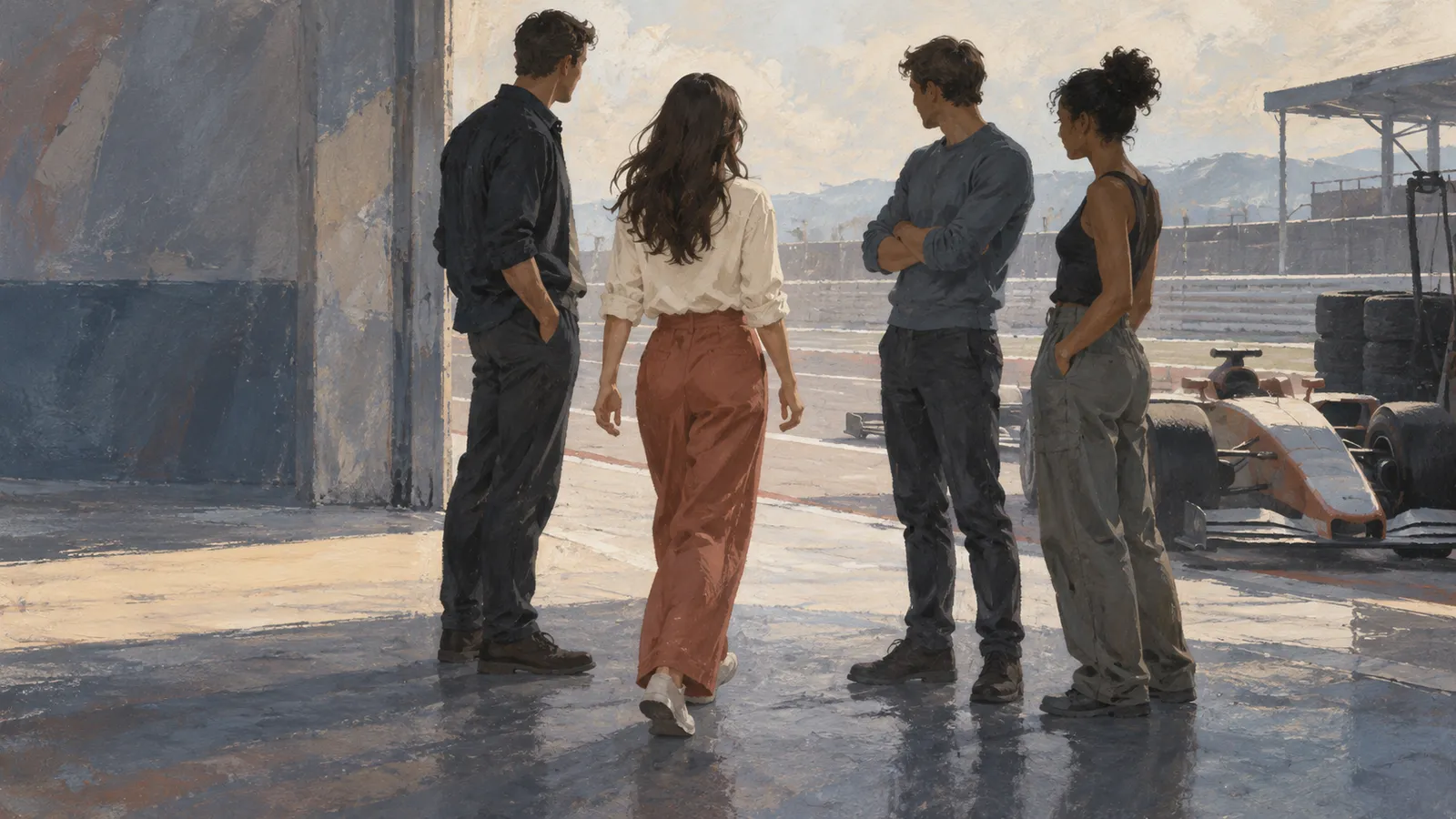 Four people stand in a racing garage looking toward the track, with an open-wheel race car and stacked tires at right. SI illustration