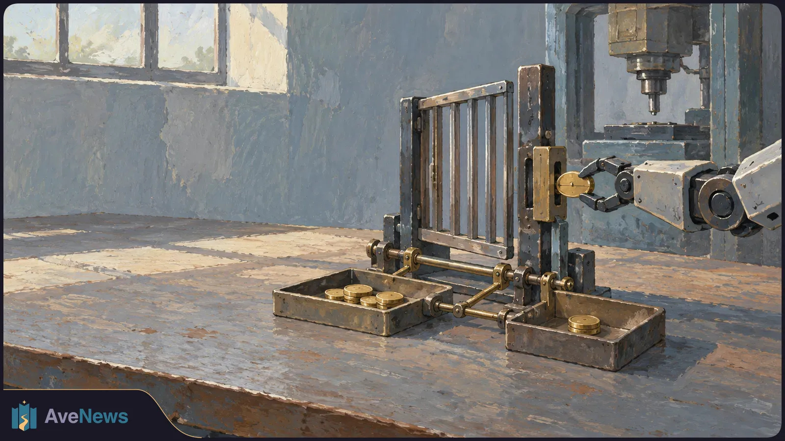 Painted workshop scene with a robotic arm holding a gold coin beside a metal gate, trays of coins on a workbench, and a machine head above. SI illustration